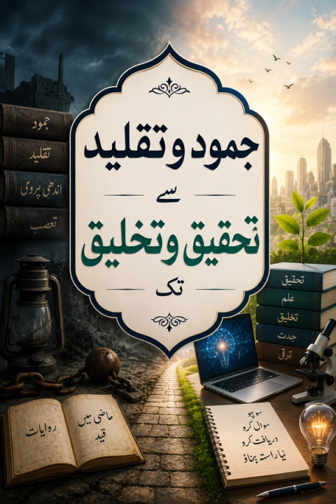 Left: dark ruins, chained books, old lantern. Right: bright city, new books, laptop, microscope, plant. Central Urdu title: 'From Stagnation and Imitation to Research and Creation'.