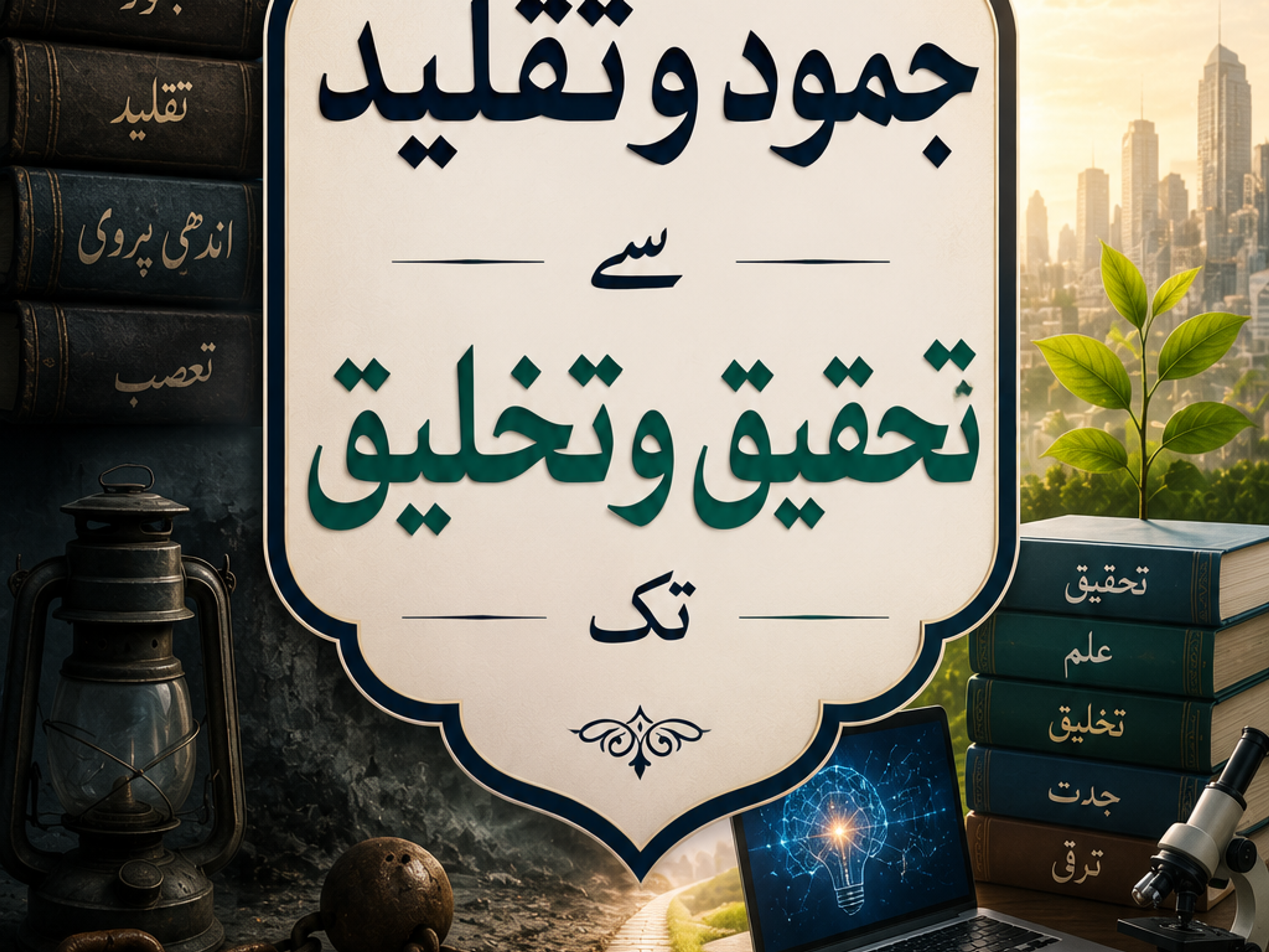 Left: dark ruins, chained books, old lantern. Right: bright city, new books, laptop, microscope, plant. Central Urdu title: 'From Stagnation and Imitation to Research and Creation'.