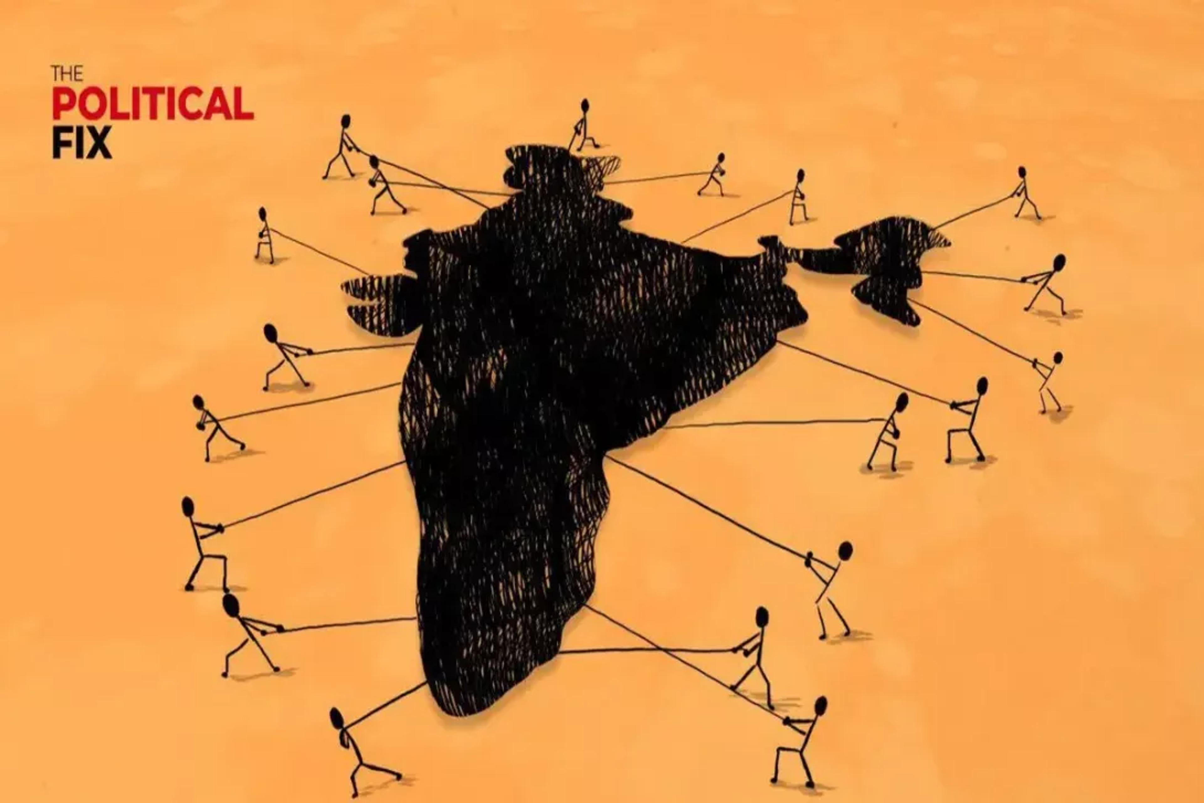 A dark, textured map of India surrounded by stick figures pulling on its borders with ropes. Text: 'THE POLITICAL FIX'.