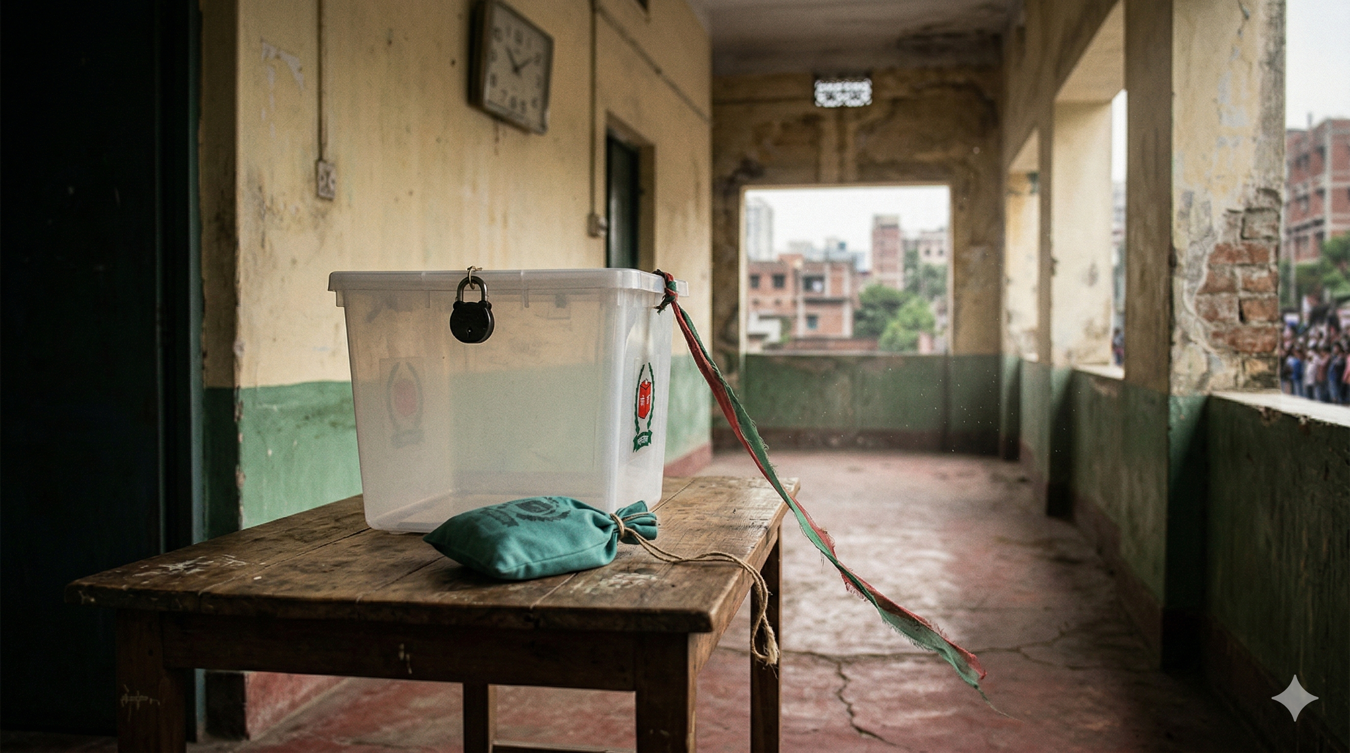 A clear, locked ballot box and a green pouch sit on a wooden table in an aged corridor, with urban buildings visible in the background.