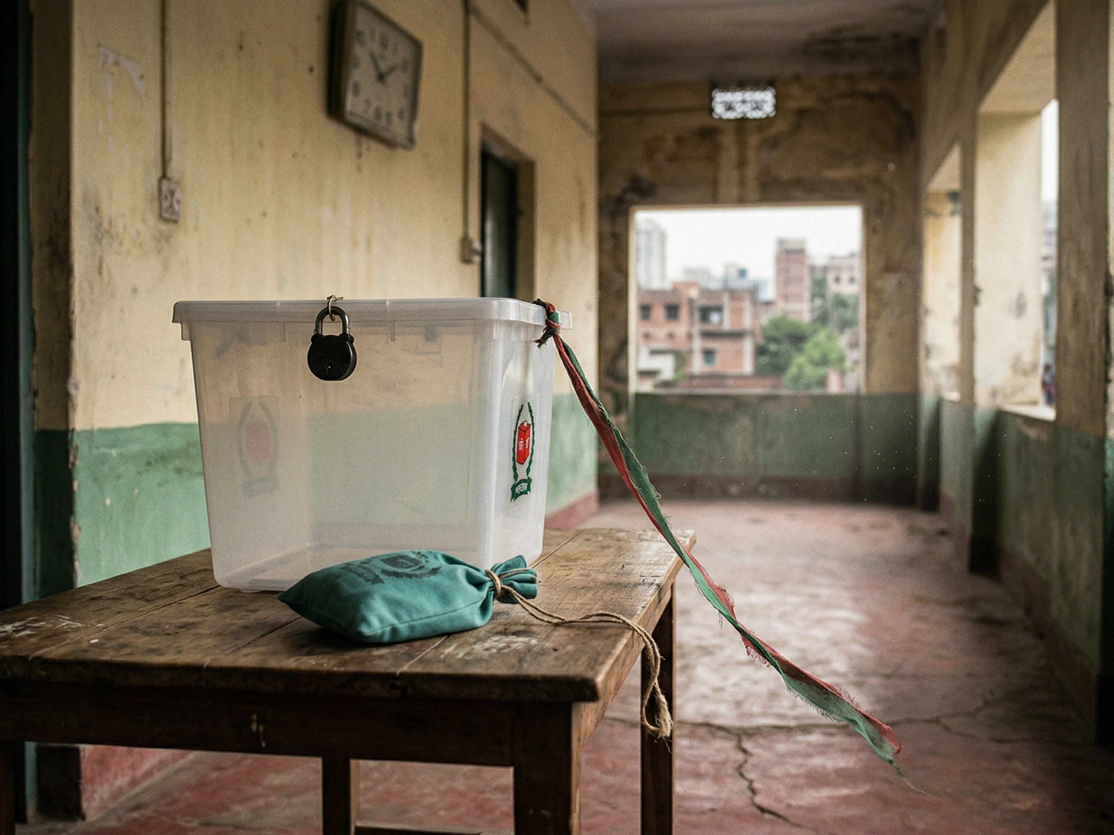 A clear, locked ballot box and a green pouch sit on a wooden table in an aged corridor, with urban buildings visible in the background.