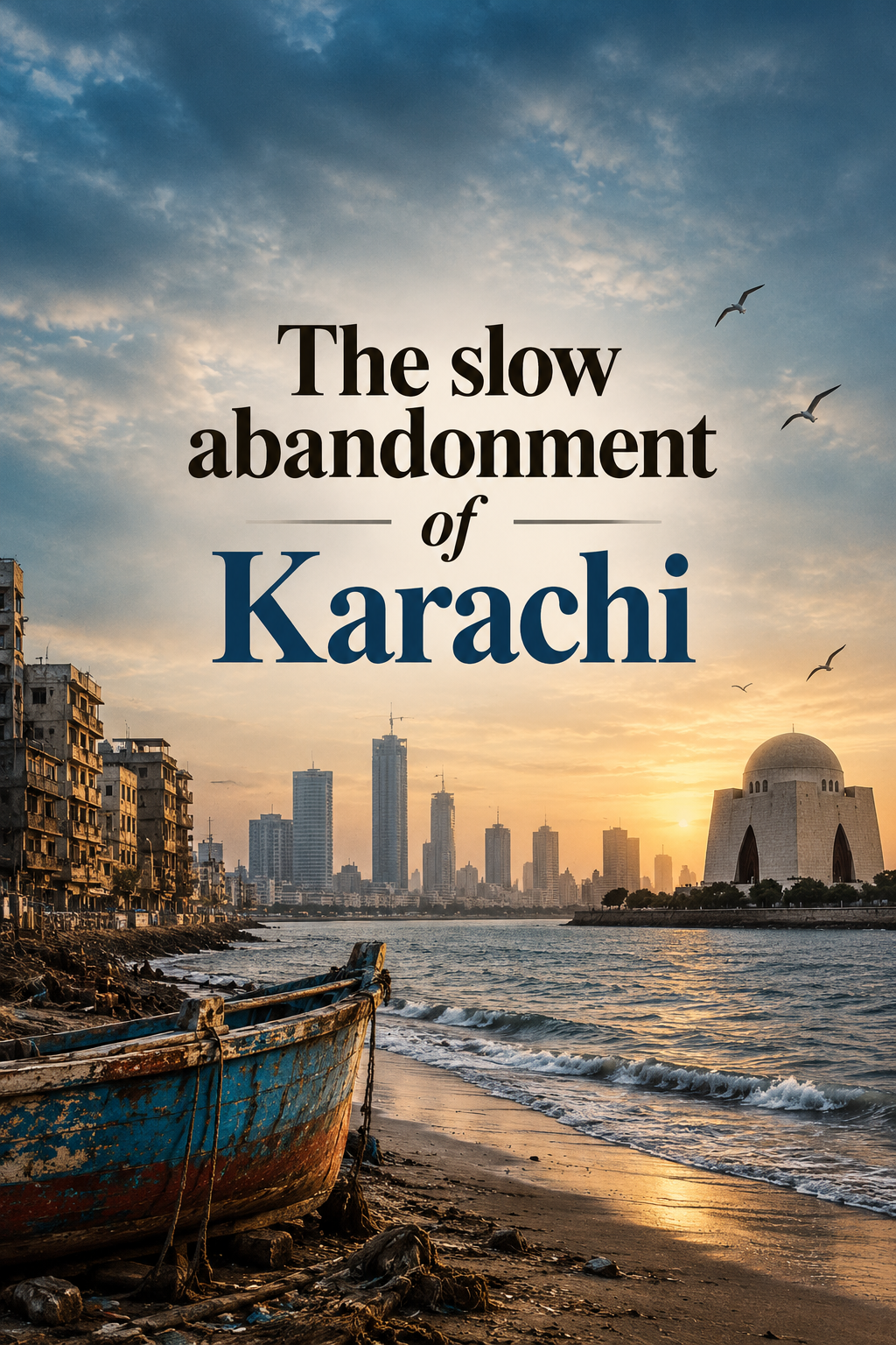 Sunset over Karachi showing an old boat on a sandy beach, a city skyline with modern buildings and the Mazar-e-Quaid, under a cloudy sky. Overlay text: "The slow abandonment of Karachi."