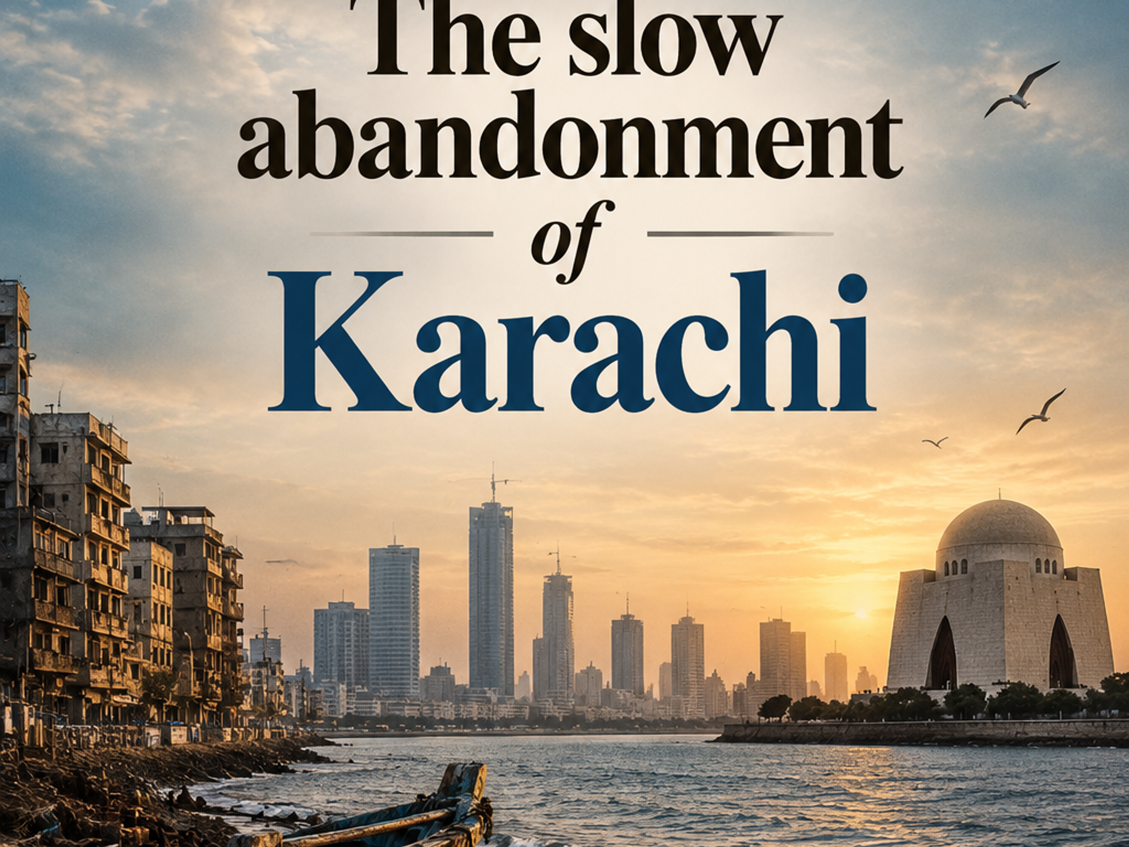 Sunset over Karachi showing an old boat on a sandy beach, a city skyline with modern buildings and the Mazar-e-Quaid, under a cloudy sky. Overlay text: "The slow abandonment of Karachi."