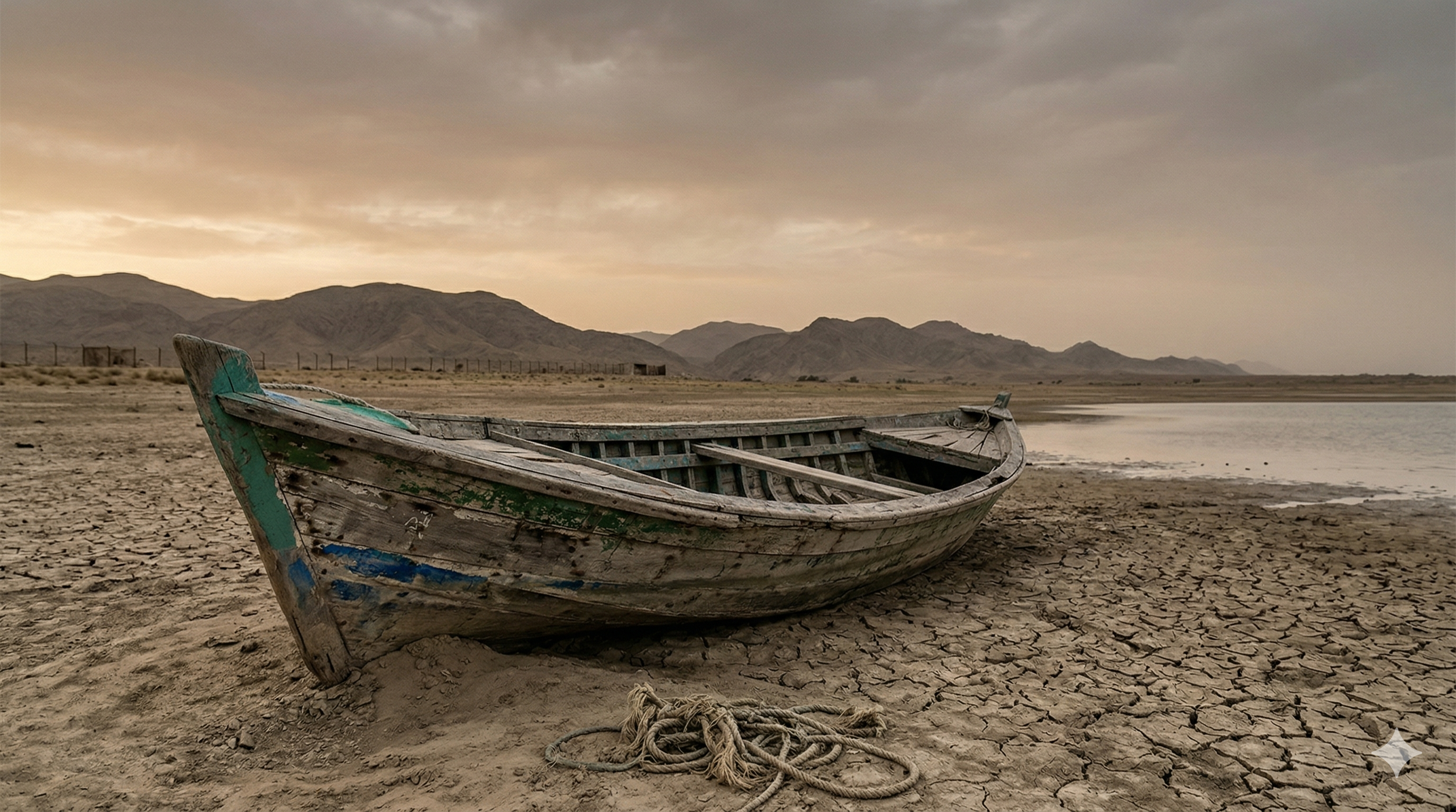Weathered wooden boat on dry, cracked land by a lake, with mountains under a cloudy sky.