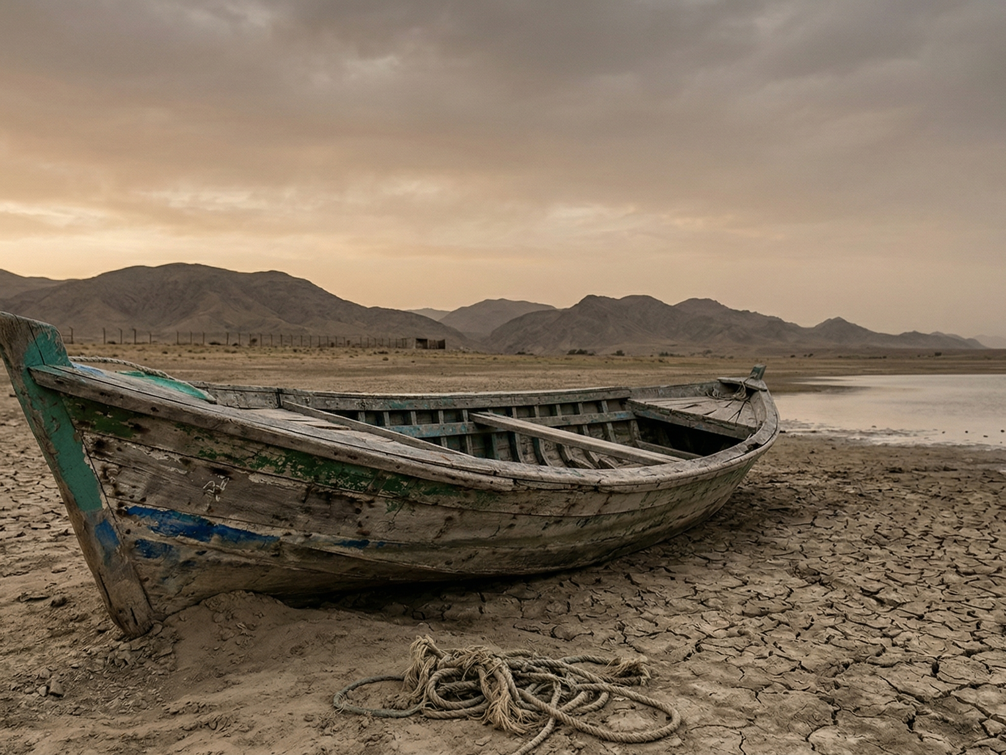 Weathered wooden boat on dry, cracked land by a lake, with mountains under a cloudy sky.