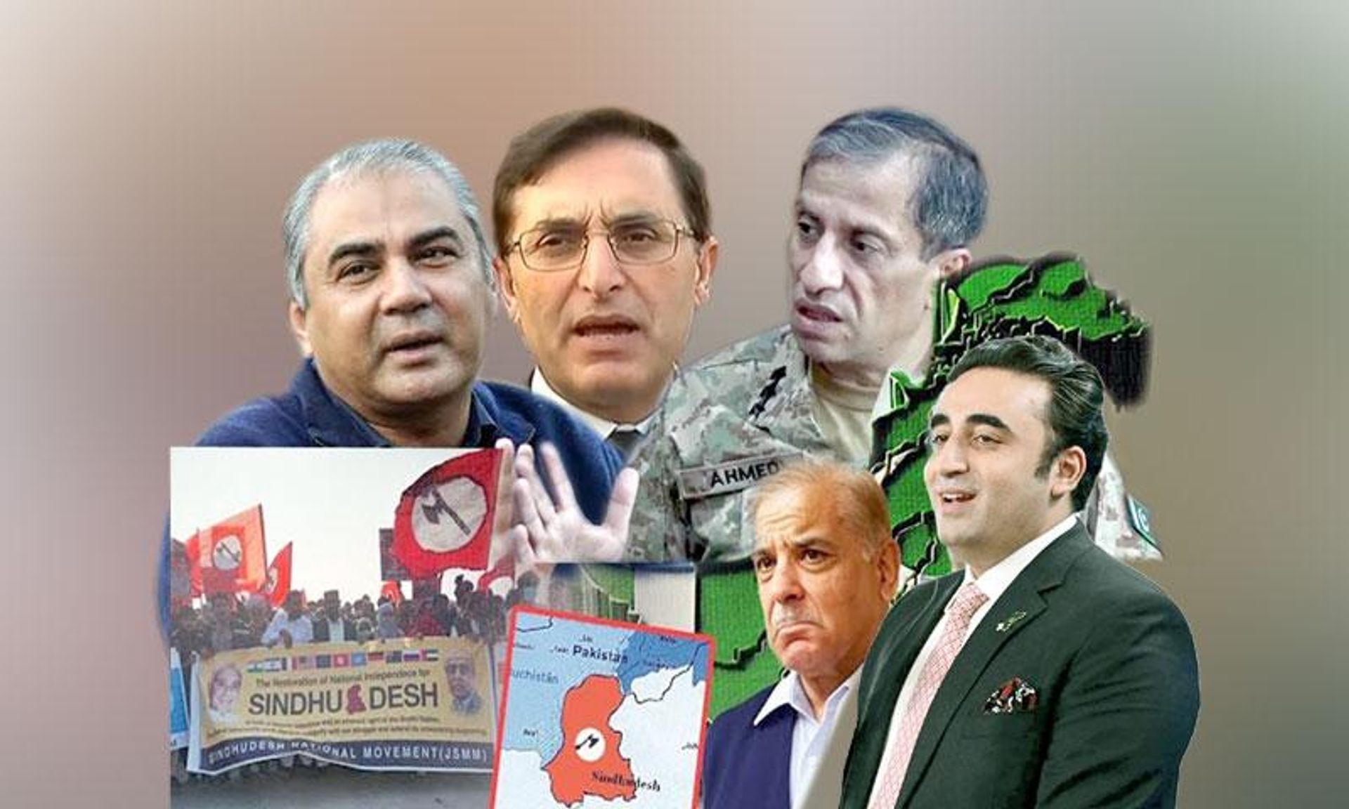 A collage showing Pakistani political leaders including Bilawal Bhutto and Shahbaz Sharif, a military general, maps of Pakistan and Sindh, and a protest for Sindh independence.