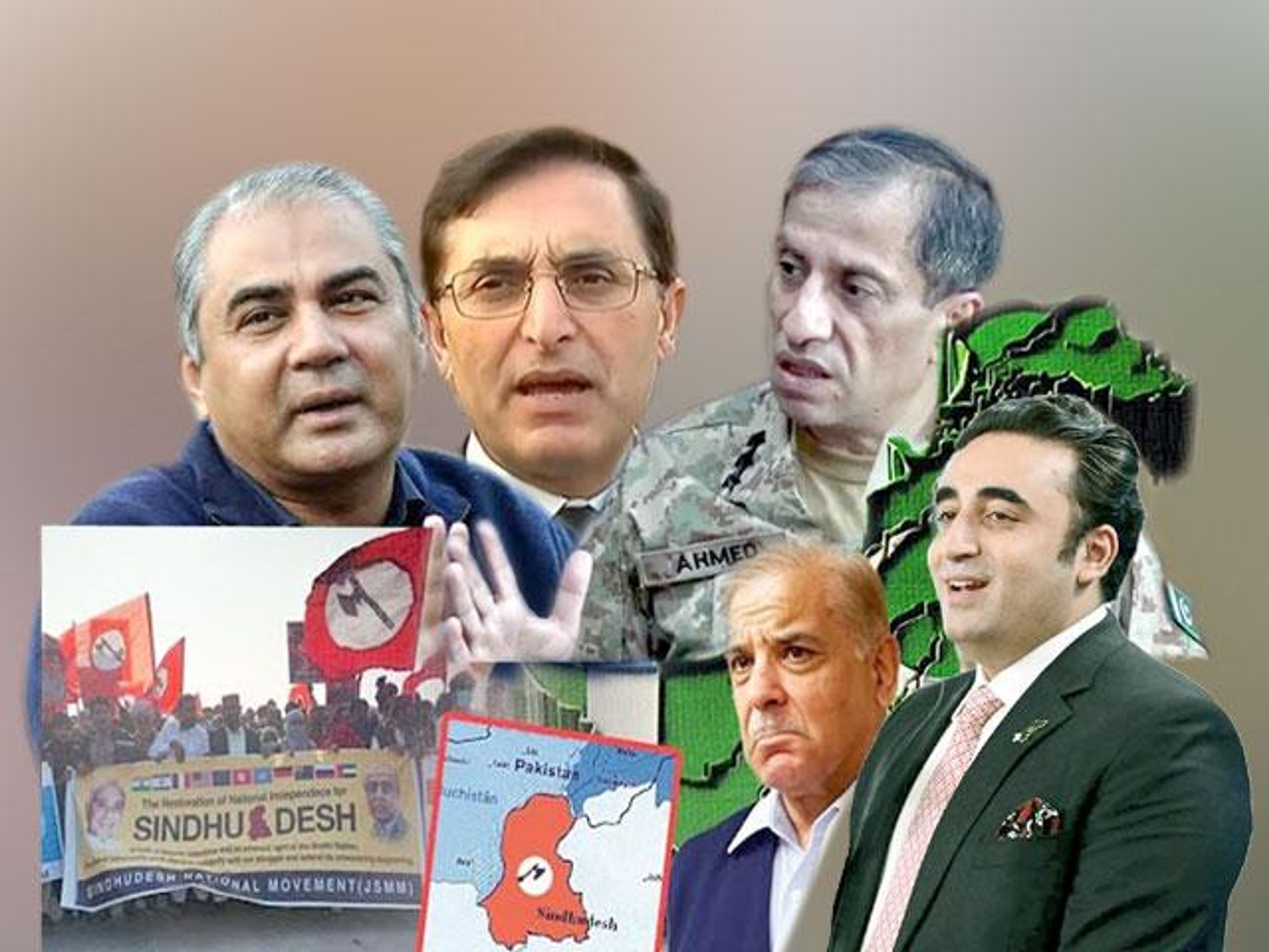 A collage showing Pakistani political leaders including Bilawal Bhutto and Shahbaz Sharif, a military general, maps of Pakistan and Sindh, and a protest for Sindh independence.