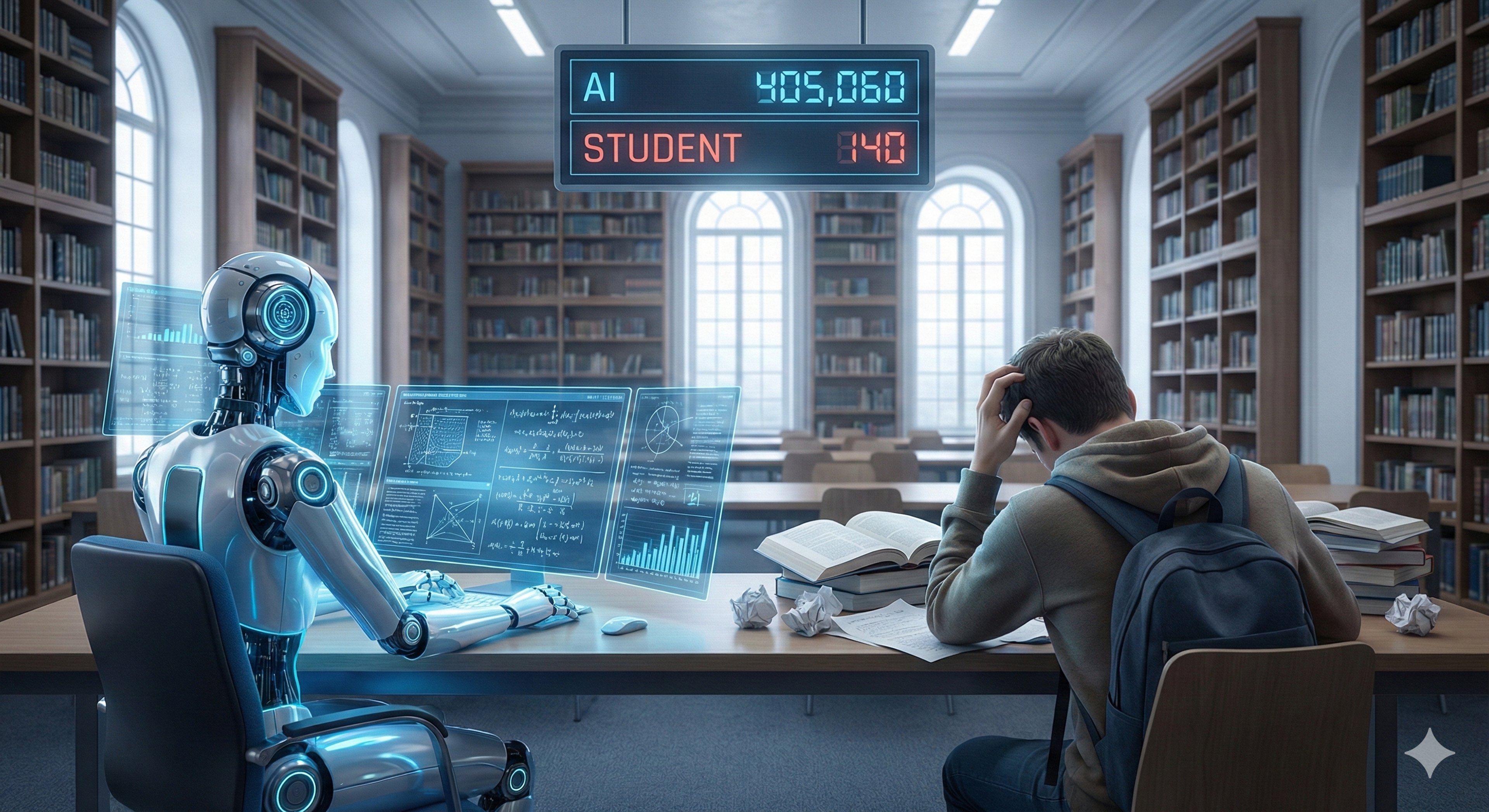 In a library, a robot works on glowing screens next to a frustrated student. A scoreboard above reads AI: 405,060, Student: 140.