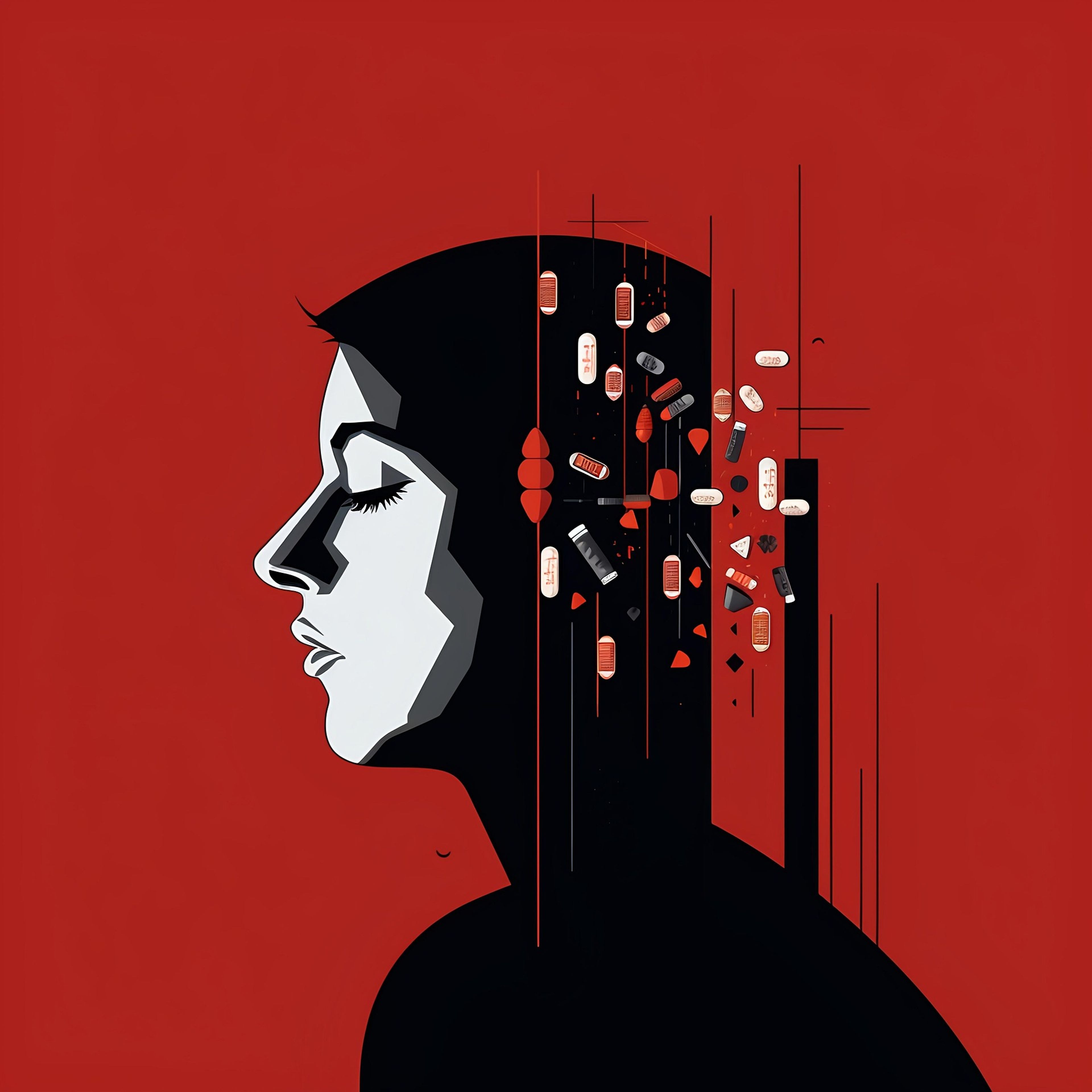Pills spill from the back of a person's head in a graphic illustration against a red background.