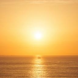 Golden sunset over the ocean with a tall ship in the distance.