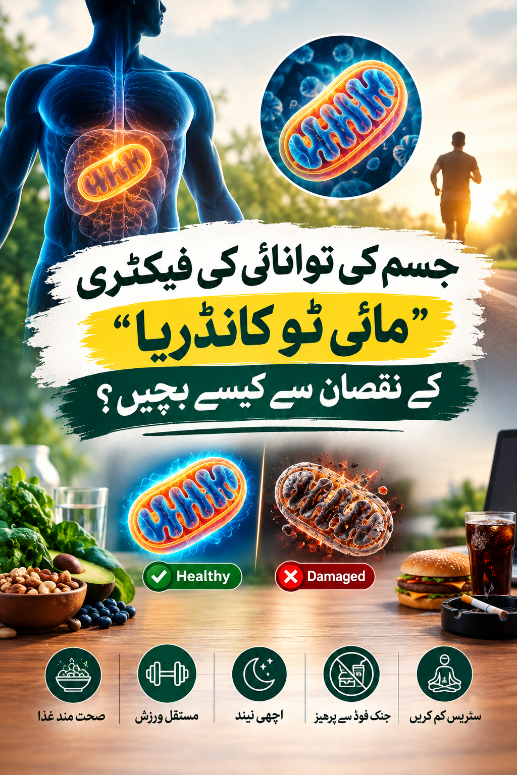 Infographic about protecting mitochondria (the body's energy factory), showing a healthy human body, contrasting healthy and damaged mitochondria, and listing five health tips: healthy diet, regular exercise, good sleep, avoiding junk food, and stress reduction.
