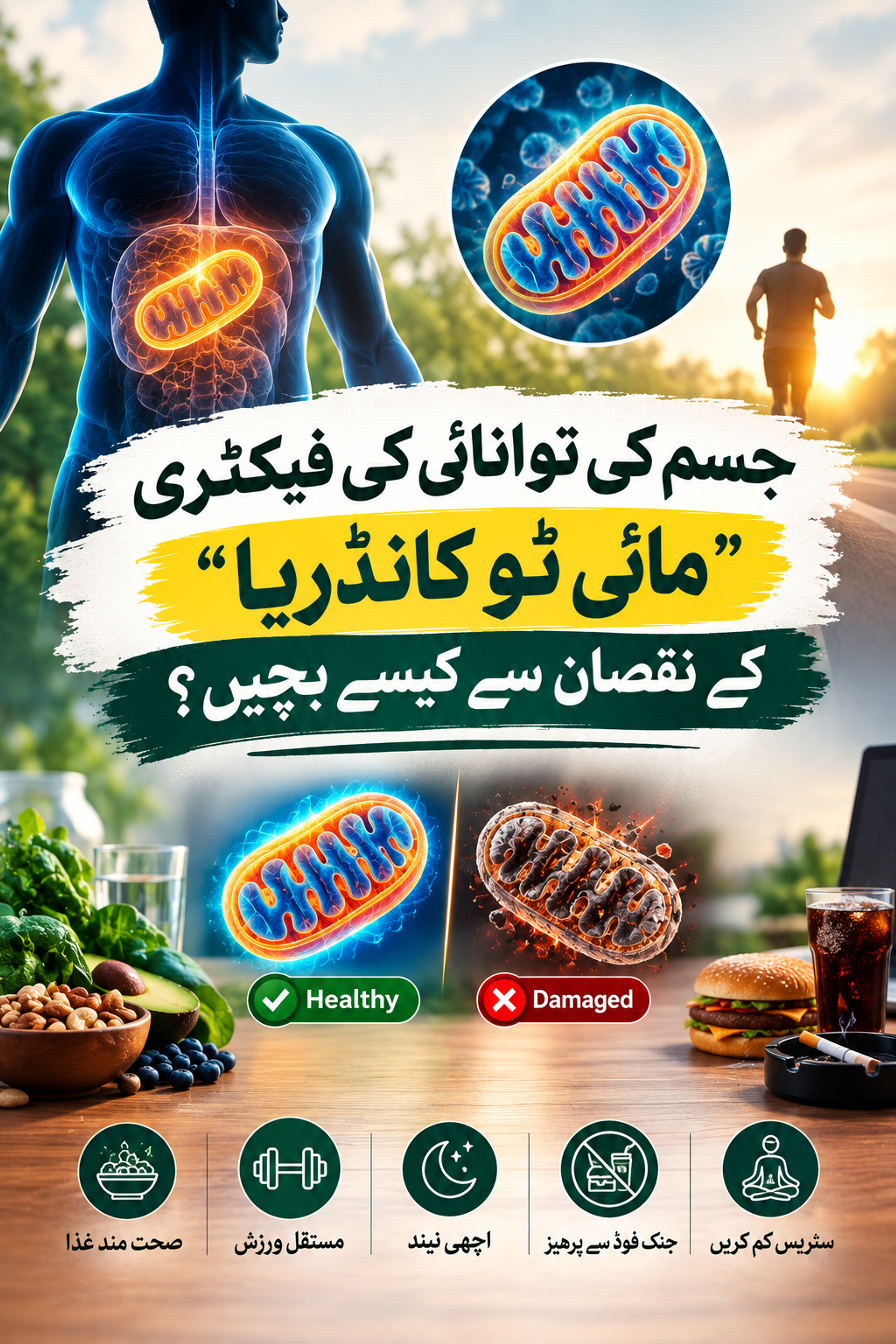 Infographic about protecting mitochondria (the body's energy factory), showing a healthy human body, contrasting healthy and damaged mitochondria, and listing five health tips: healthy diet, regular exercise, good sleep, avoiding junk food, and stress reduction.