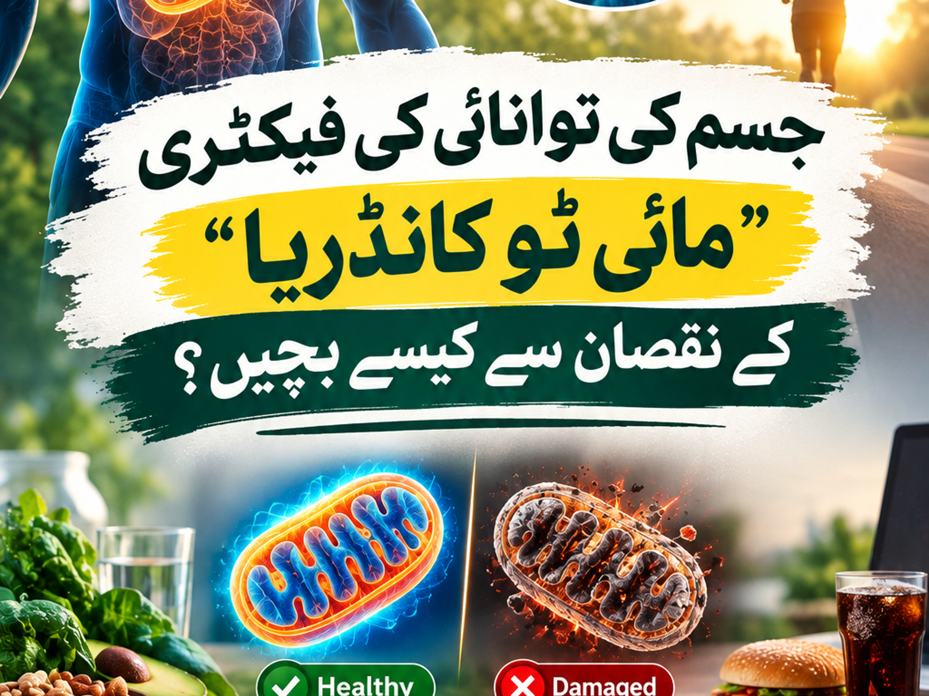 Infographic about protecting mitochondria (the body's energy factory), showing a healthy human body, contrasting healthy and damaged mitochondria, and listing five health tips: healthy diet, regular exercise, good sleep, avoiding junk food, and stress reduction.