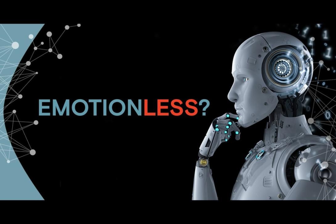 A robot in a thinking pose with the text "EMOTIONLESS?" against a dark, tech-themed background.