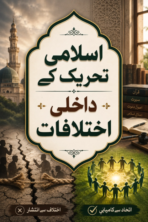 A book cover contrasting discord and unity within an Islamic movement: the left shows people arguing on cracked earth, and the right shows a unified circle of people on green grass with Islamic texts. The central title is "Internal Differences of the Islamic Movement."