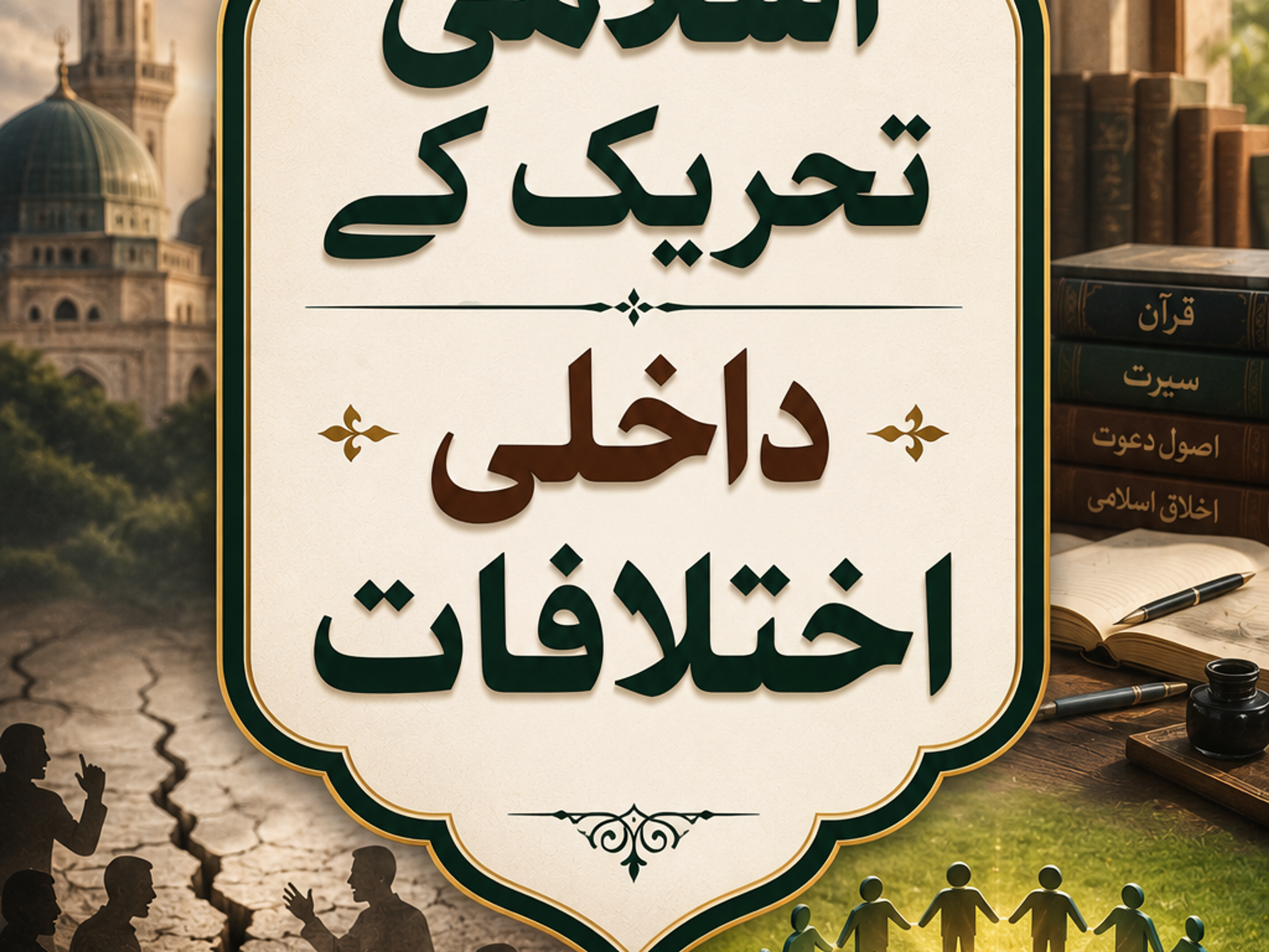 A book cover contrasting discord and unity within an Islamic movement: the left shows people arguing on cracked earth, and the right shows a unified circle of people on green grass with Islamic texts. The central title is "Internal Differences of the Islamic Movement."