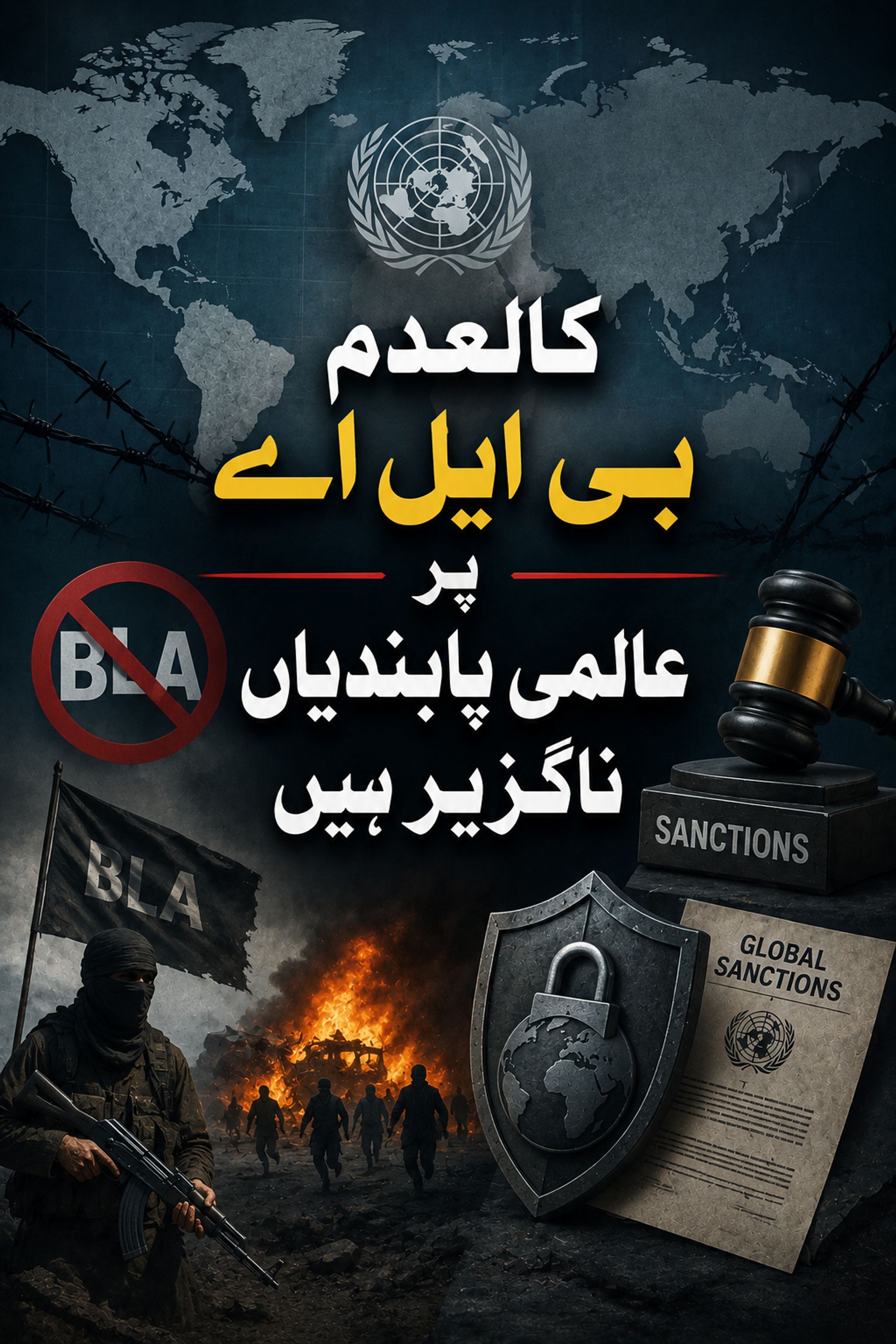 A graphic advocating global UN sanctions against the BLA, featuring a crossed-out BLA symbol, a militant, burning vehicles, and legal/sanction symbols.