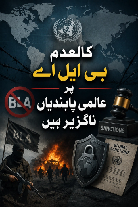 A graphic advocating global UN sanctions against the BLA, featuring a crossed-out BLA symbol, a militant, burning vehicles, and legal/sanction symbols.