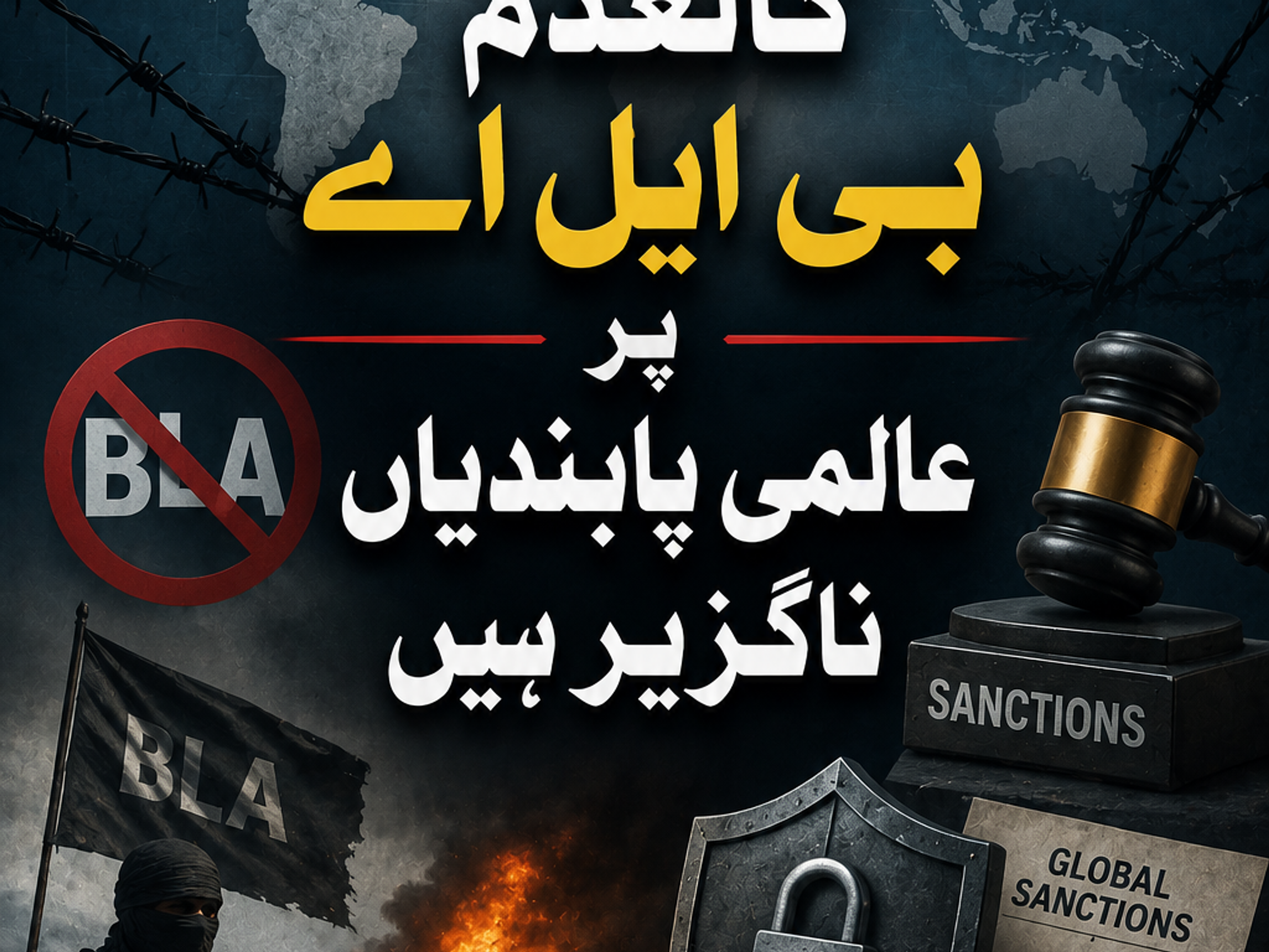 A graphic advocating global UN sanctions against the BLA, featuring a crossed-out BLA symbol, a militant, burning vehicles, and legal/sanction symbols.