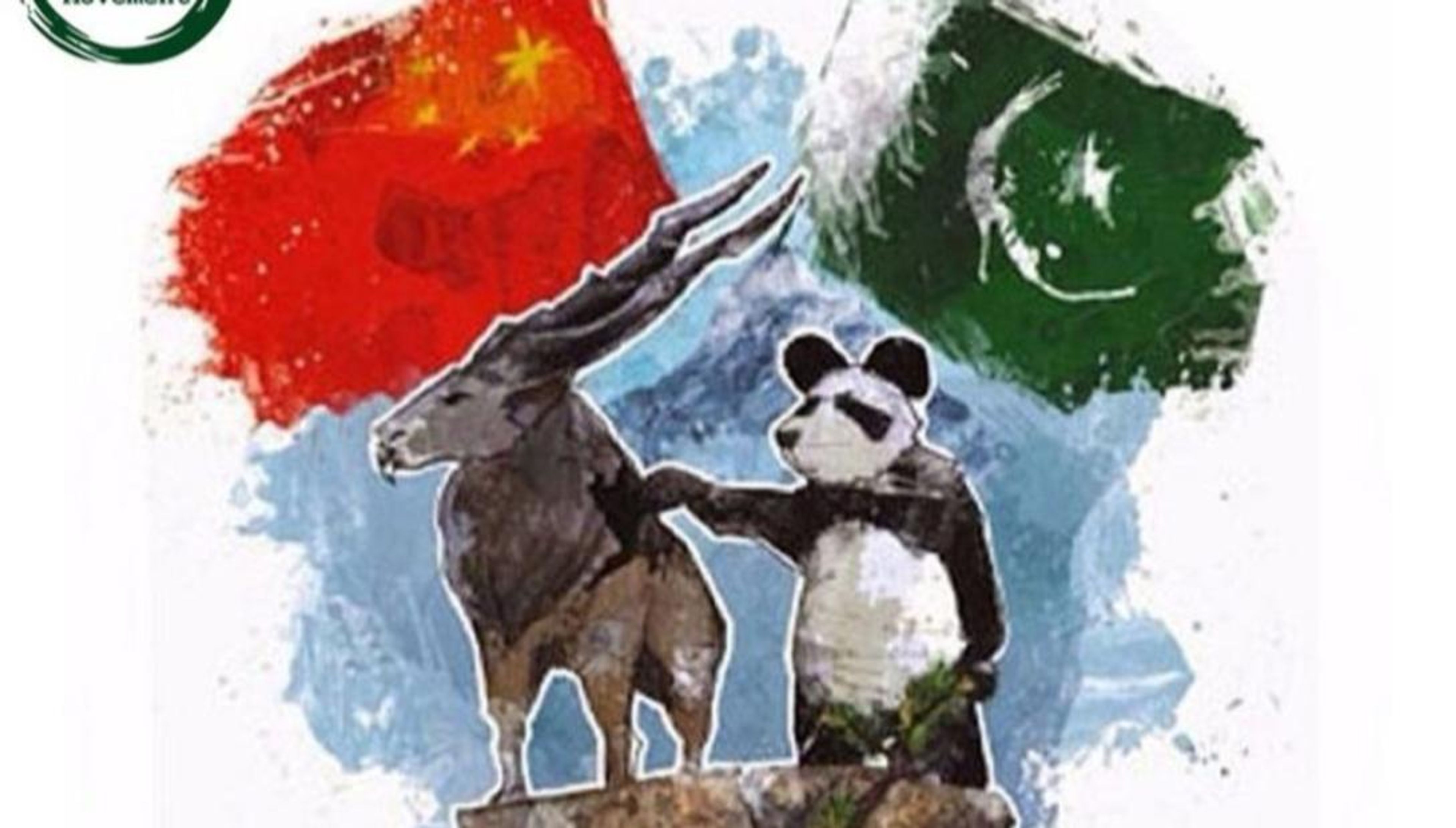 Illustration of Pakistan's Markhor and China's Panda standing together under their flags, symbolizing friendship.