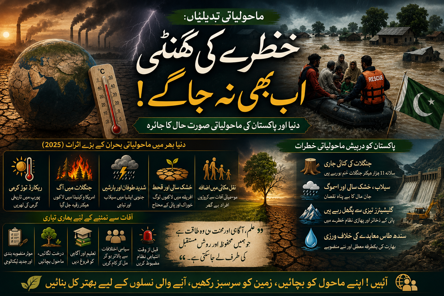 An Urdu infographic about climate change, showing a cracked earth with smoking factories and a thermometer, juxtaposed with a rescue boat in a flooded village displaying a Pakistani flag.