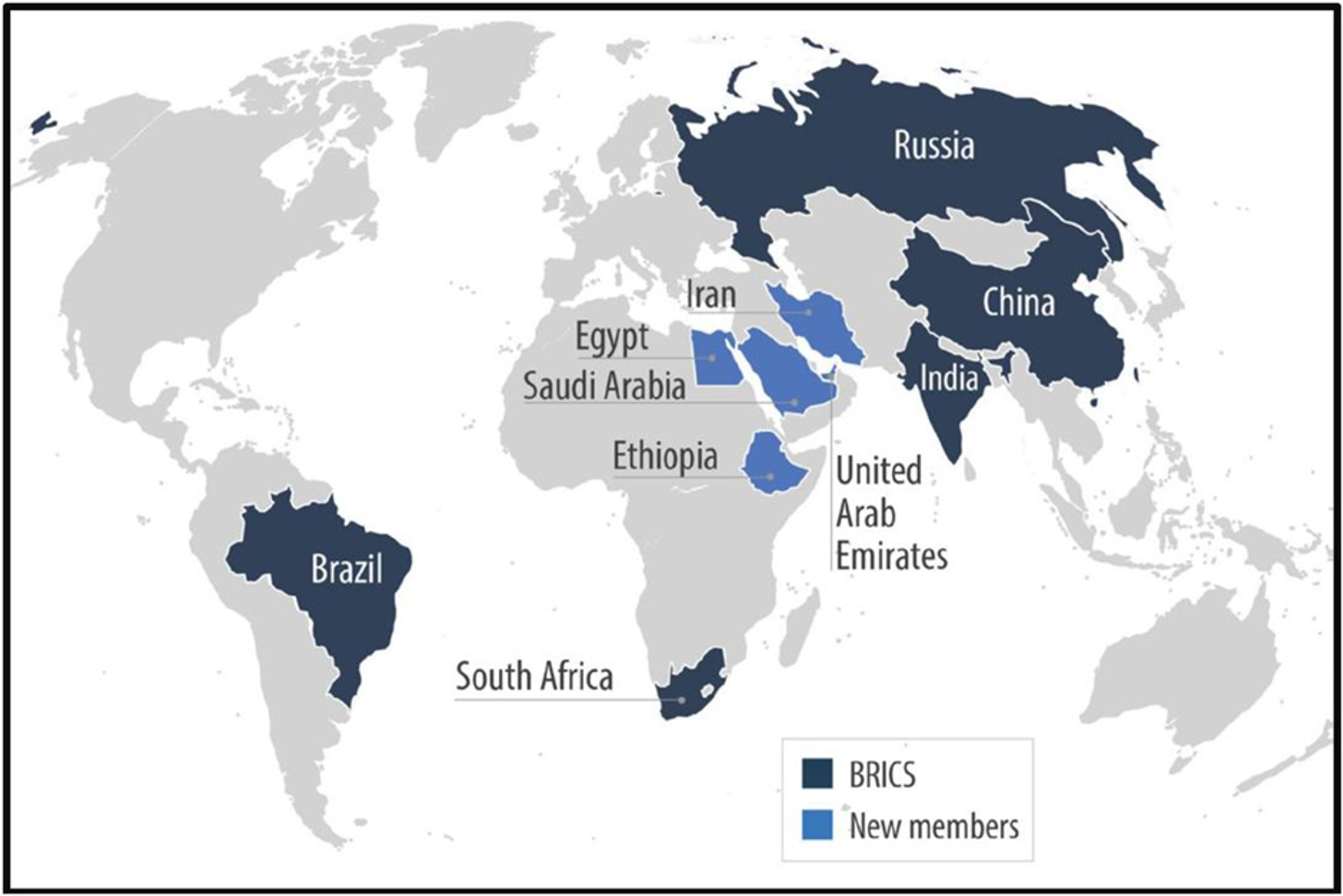 World map highlighting BRICS nations in dark blue and new member countries in light blue: Egypt, Ethiopia, Iran, Saudi Arabia, and United Arab Emirates.