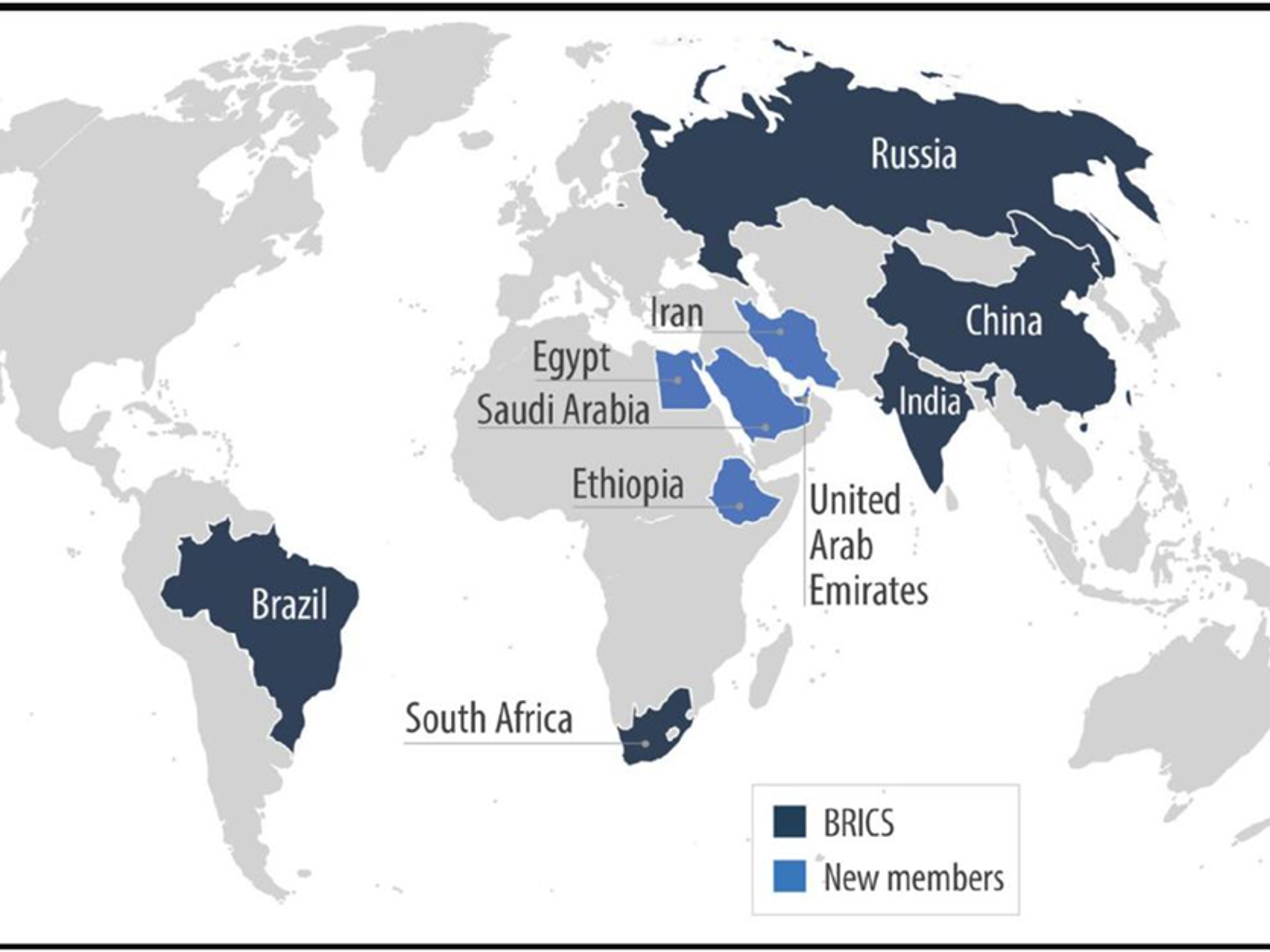 World map highlighting BRICS nations in dark blue and new member countries in light blue: Egypt, Ethiopia, Iran, Saudi Arabia, and United Arab Emirates.