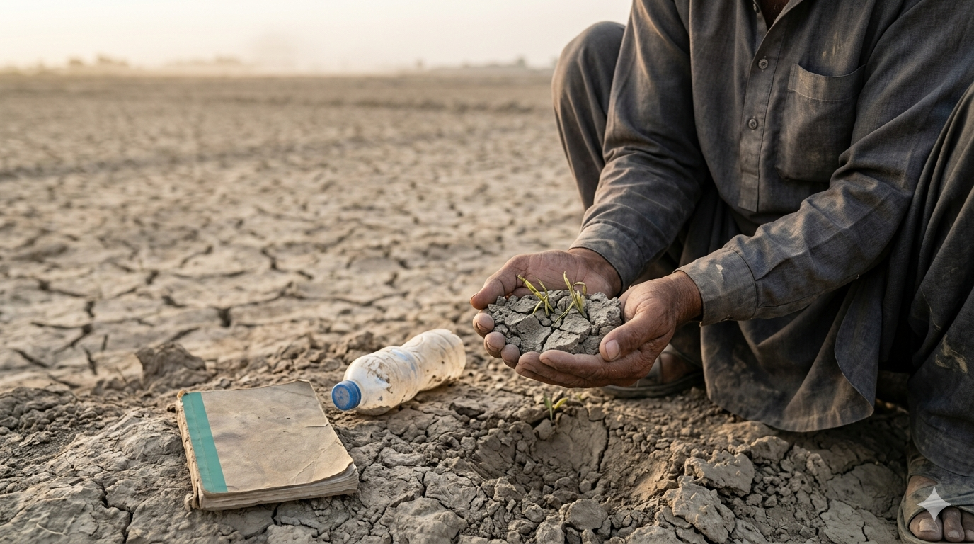 A person kneels in a vast, cracked, dry landscape, holding tiny green shoots in a clump of parched soil, with an old book and empty water bottle on the ground nearby.