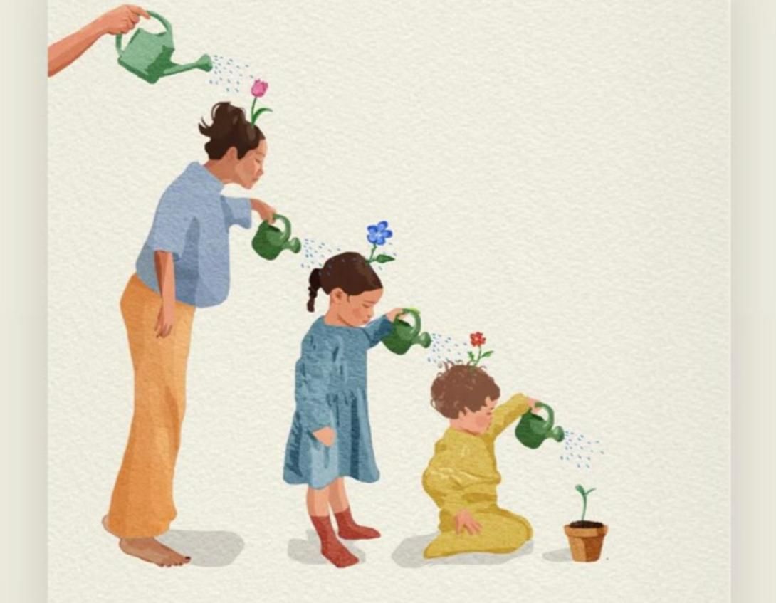 Generational growth illustration: A hand waters a woman, who waters a girl, who waters a toddler, who waters a potted plant; each person has a flower sprouting from their head.