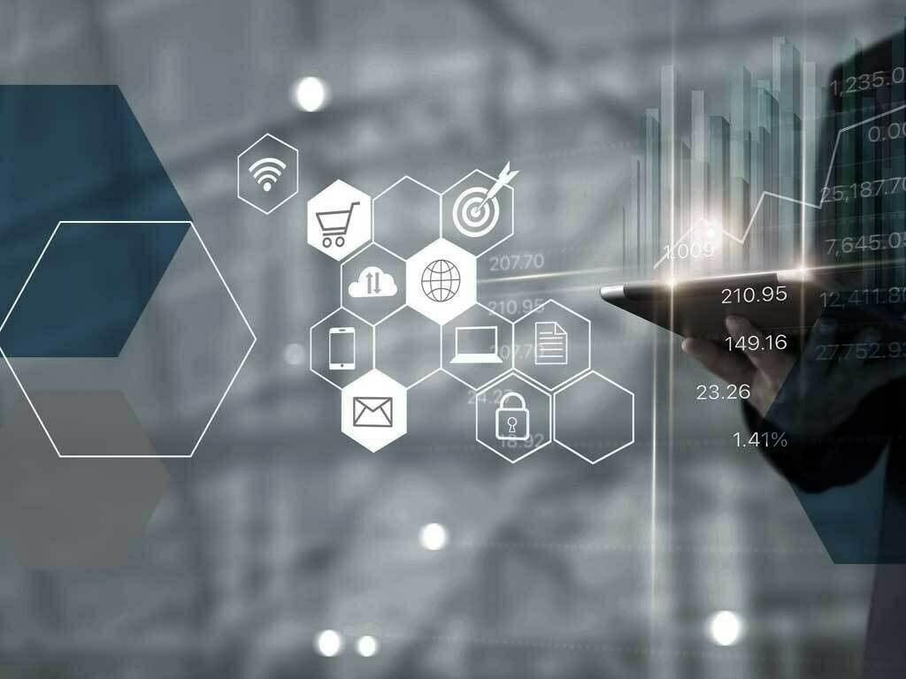 Hands holding a tablet displaying data, surrounded by hexagonal digital service icons and an ascending bar graph.