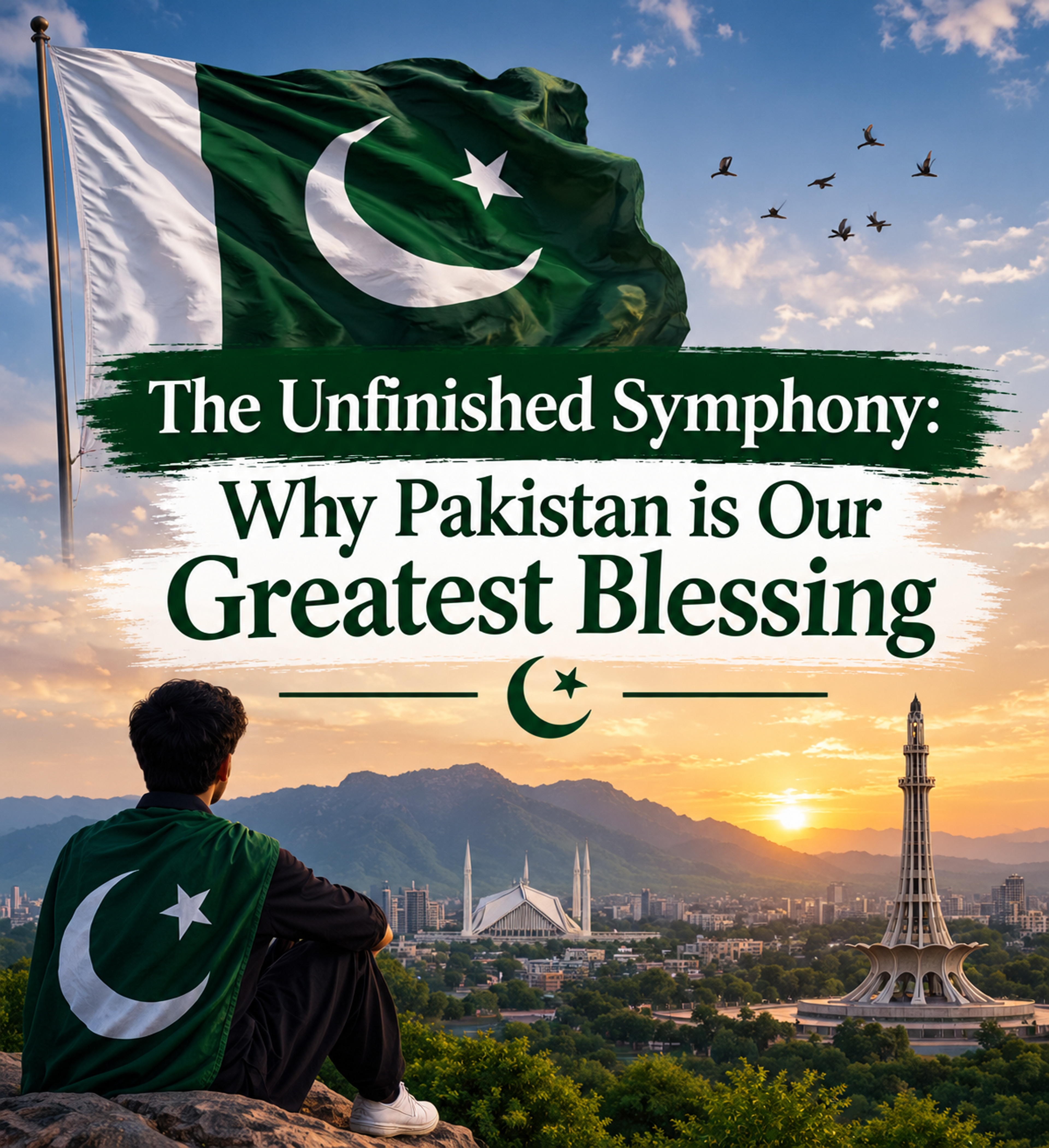 A Pakistani flag waves over a city skyline featuring Faisal Mosque and Minar-e-Pakistan at sunset, while a person draped in the flag looks on. Text reads: "The Unfinished Symphony: Why Pakistan is Our Greatest Blessing."