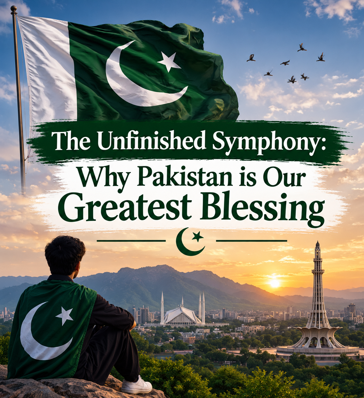 A Pakistani flag waves over a city skyline featuring Faisal Mosque and Minar-e-Pakistan at sunset, while a person draped in the flag looks on. Text reads: "The Unfinished Symphony: Why Pakistan is Our Greatest Blessing."