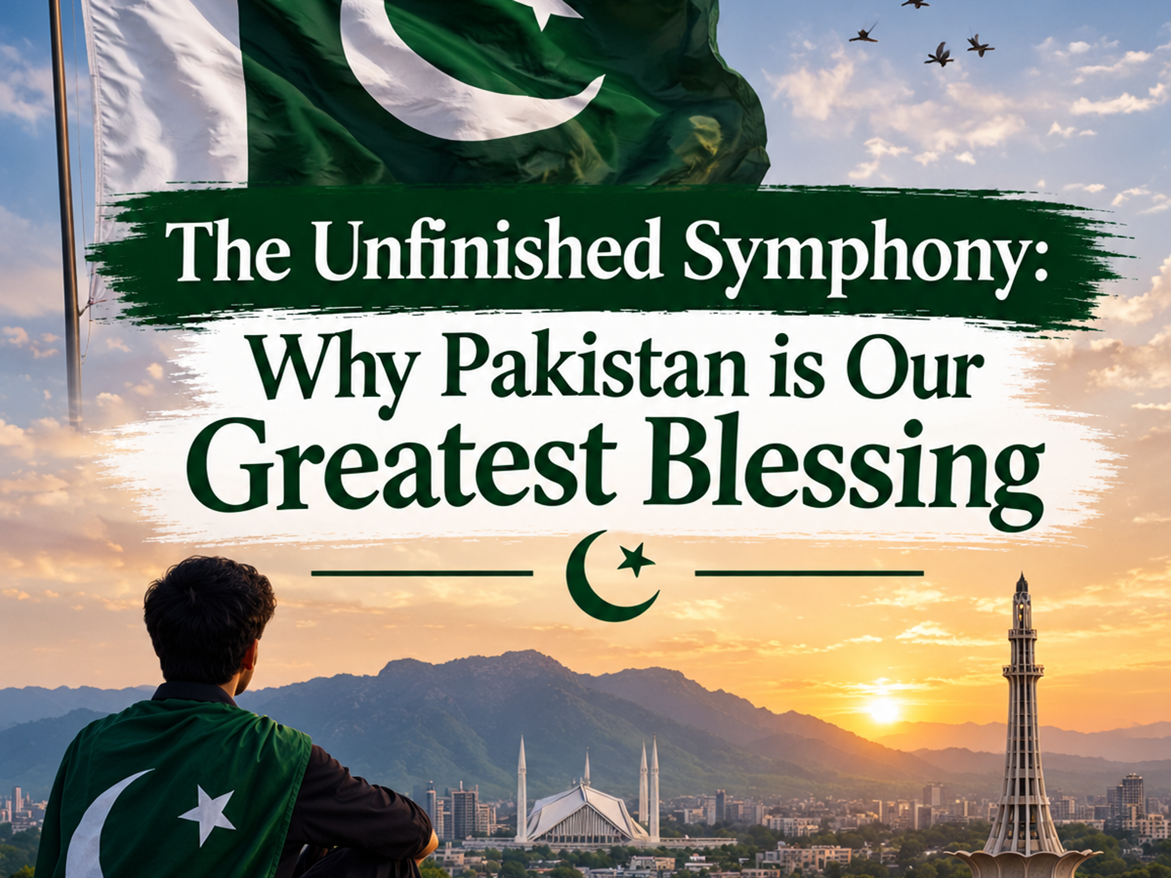 A Pakistani flag waves over a city skyline featuring Faisal Mosque and Minar-e-Pakistan at sunset, while a person draped in the flag looks on. Text reads: "The Unfinished Symphony: Why Pakistan is Our Greatest Blessing."
