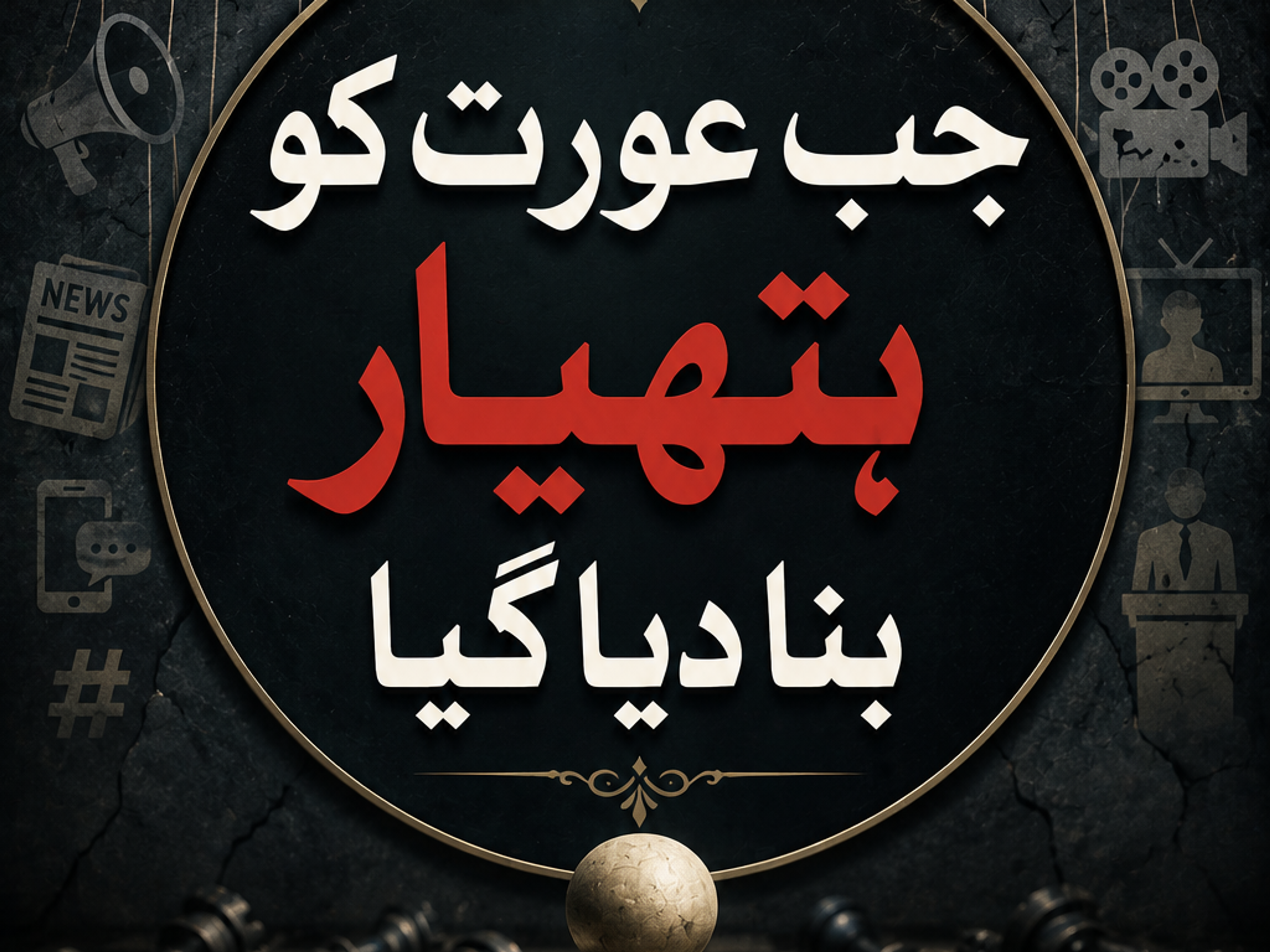 Dark, dramatic image with puppet master hands over a circular frame featuring Urdu text and media icons, above a chained white pawn on a chessboard with fallen black pieces.