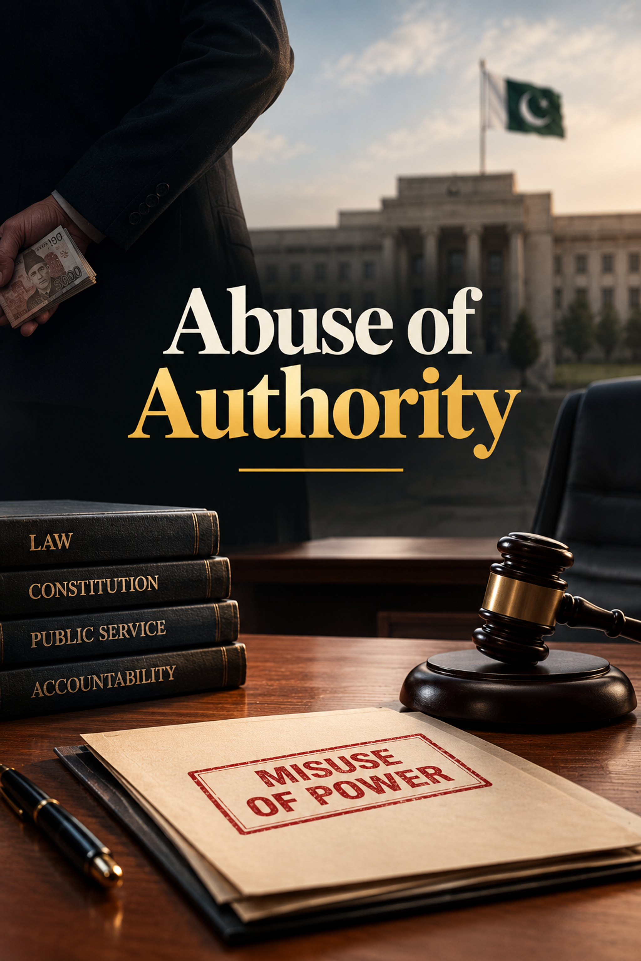 A person hiding money behind their back, a Pakistani government building, a gavel, law books, and a document stamped "Misuse of Power." Text reads: "Abuse of Authority."