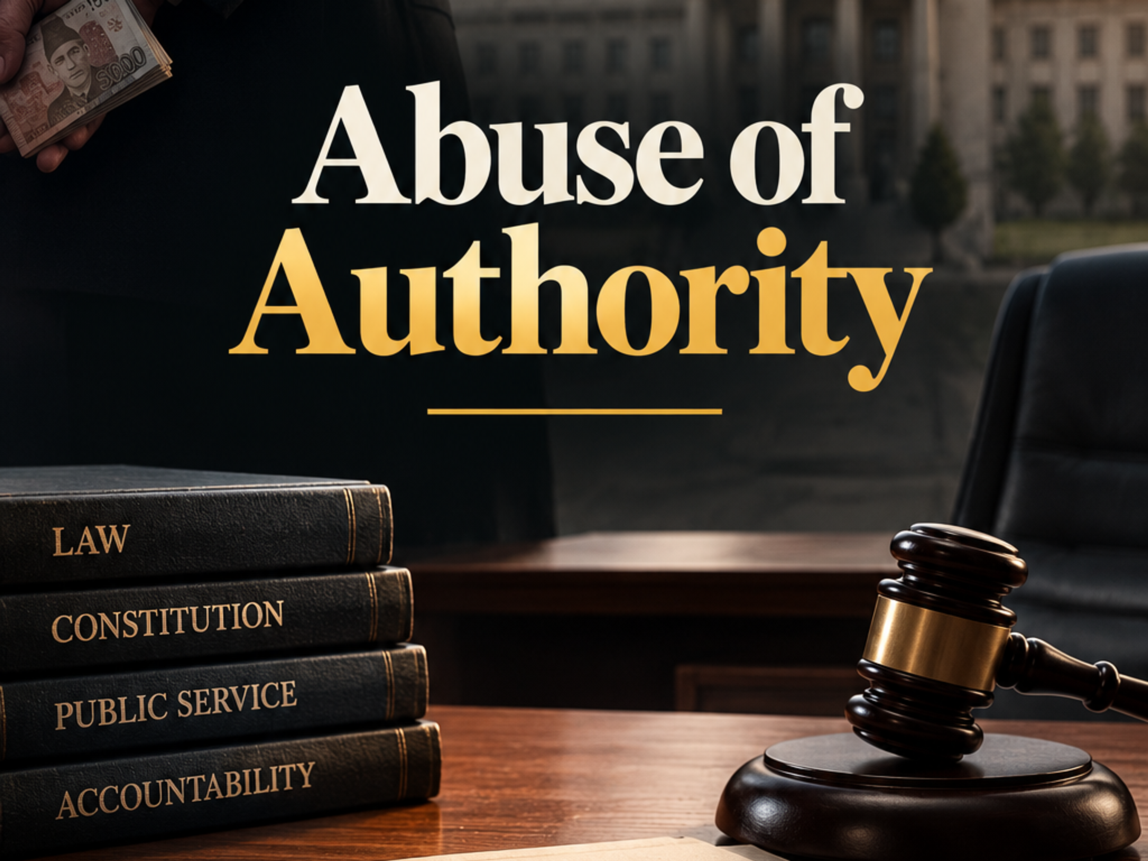 A person hiding money behind their back, a Pakistani government building, a gavel, law books, and a document stamped "Misuse of Power." Text reads: "Abuse of Authority."