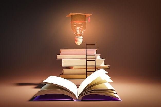 Glowing lightbulb with graduation cap above a stack of books, an open book, and a ladder.