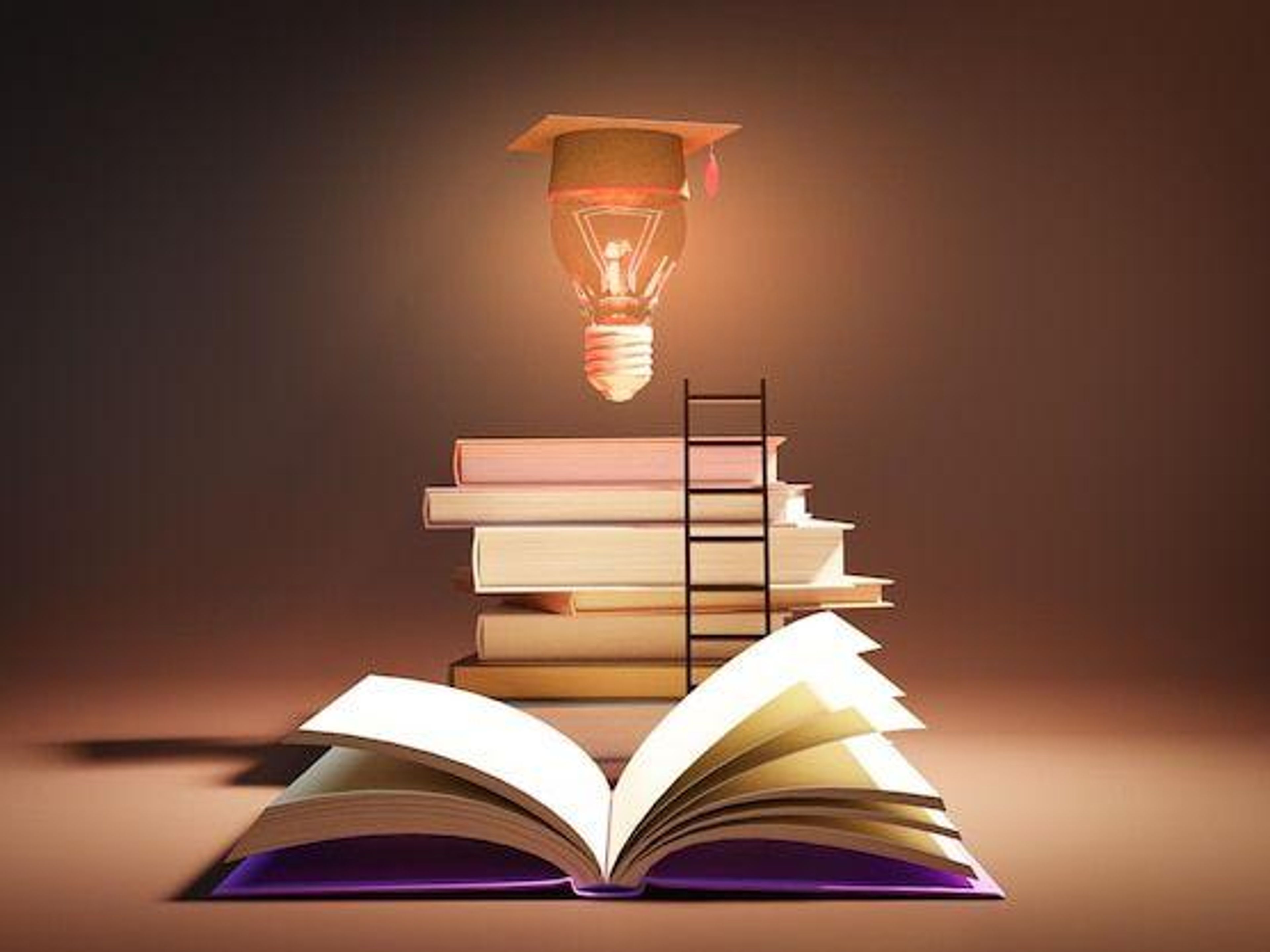 Glowing lightbulb with graduation cap above a stack of books, an open book, and a ladder.