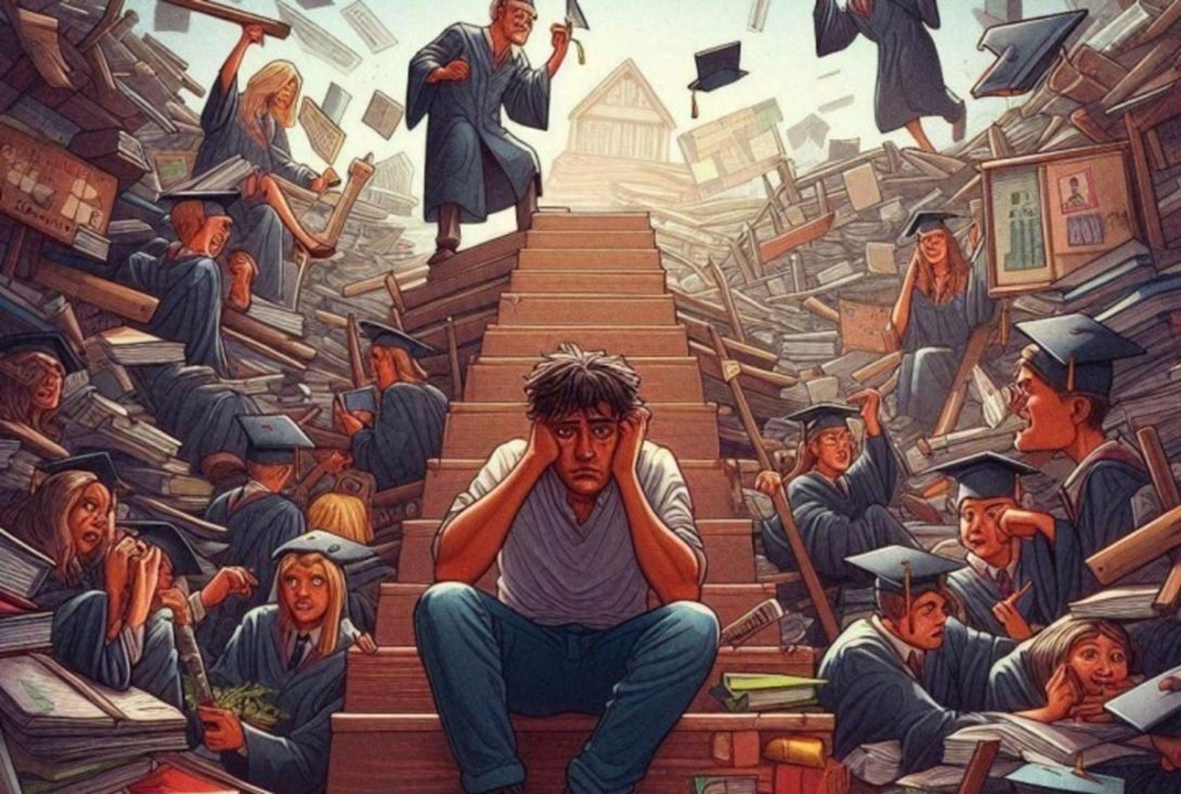 An overwhelmed student sits on steps, surrounded by chaotic piles of books and graduates, with a university building in the background.
