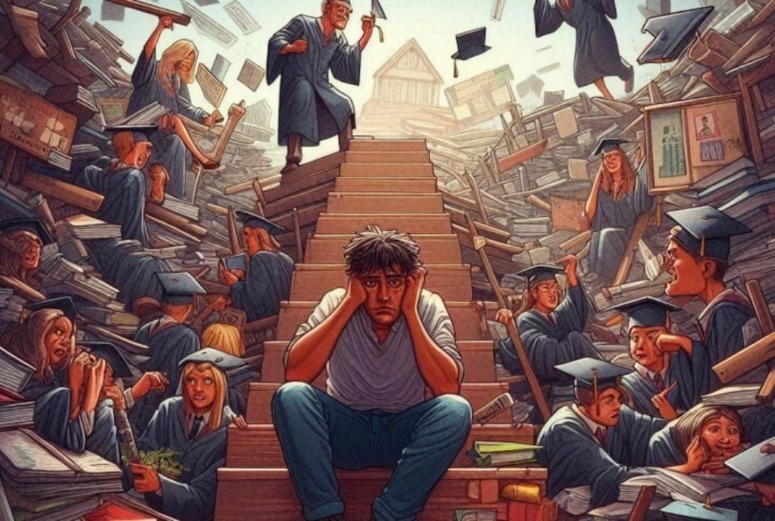 An overwhelmed student sits on steps, surrounded by chaotic piles of books and graduates, with a university building in the background.