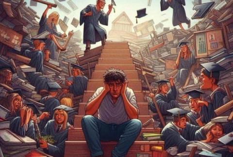 An overwhelmed student sits on steps, surrounded by chaotic piles of books and graduates, with a university building in the background.