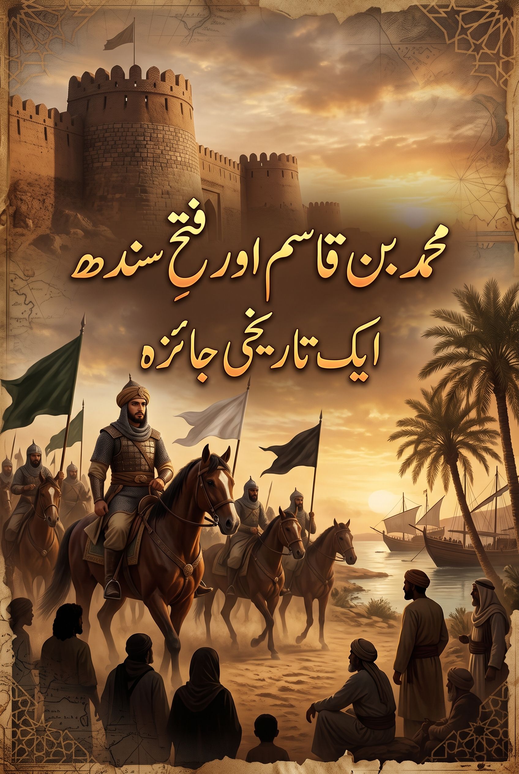 Cover art for 'Muhammad bin Qasim and the Conquest of Sindh' showing armored horsemen, a fortified city, ships, and onlookers at sunset.