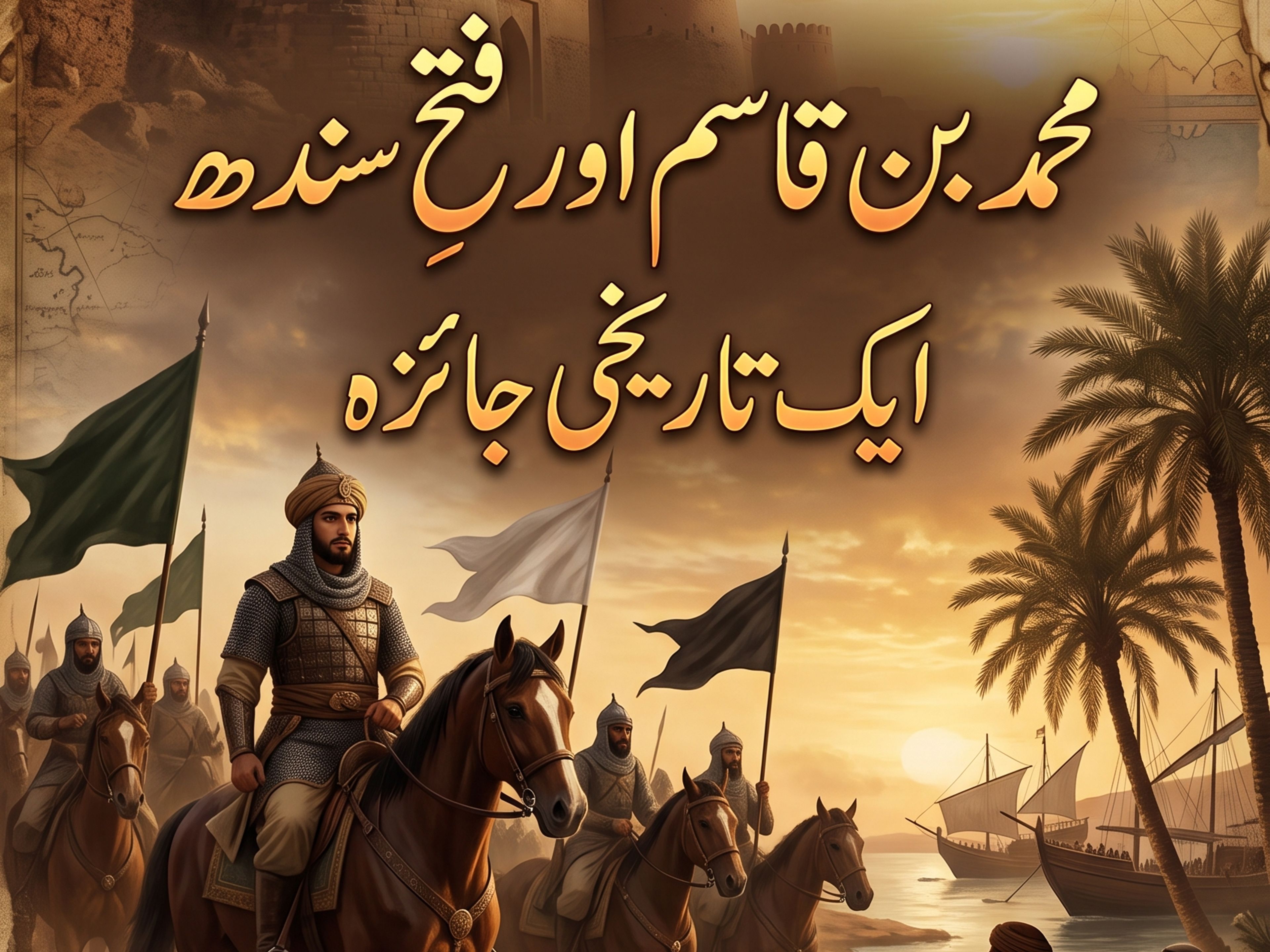 Cover art for 'Muhammad bin Qasim and the Conquest of Sindh' showing armored horsemen, a fortified city, ships, and onlookers at sunset.