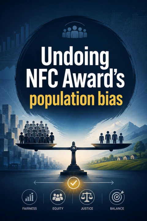 Graphic titled "Undoing NFC Award's population bias" showing an unbalanced scale: a large urban population on the left outweighs a small rural population on the right. Icons for Fairness, Equity, Justice, and Balance are below.