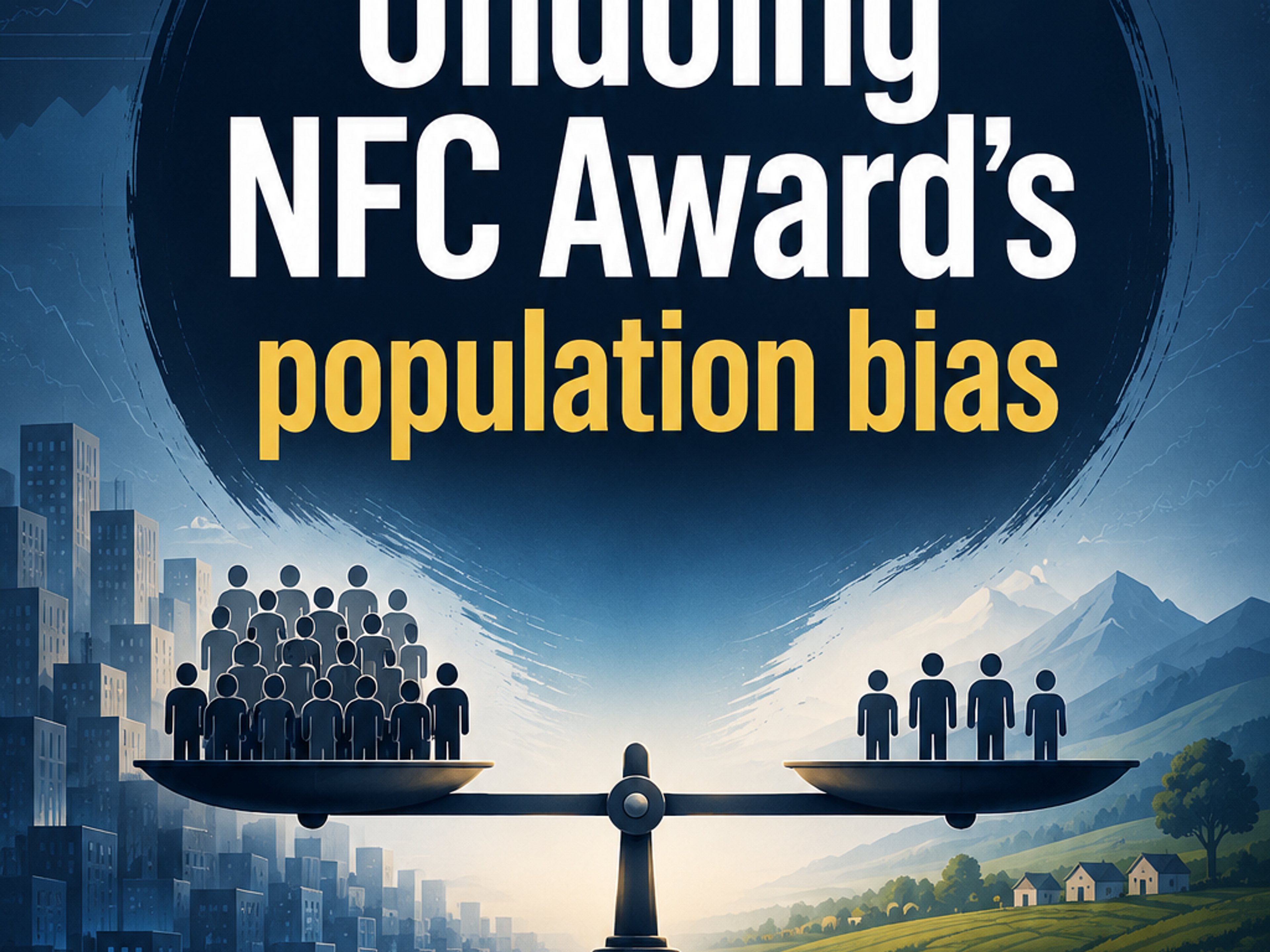 Graphic titled "Undoing NFC Award's population bias" showing an unbalanced scale: a large urban population on the left outweighs a small rural population on the right. Icons for Fairness, Equity, Justice, and Balance are below.