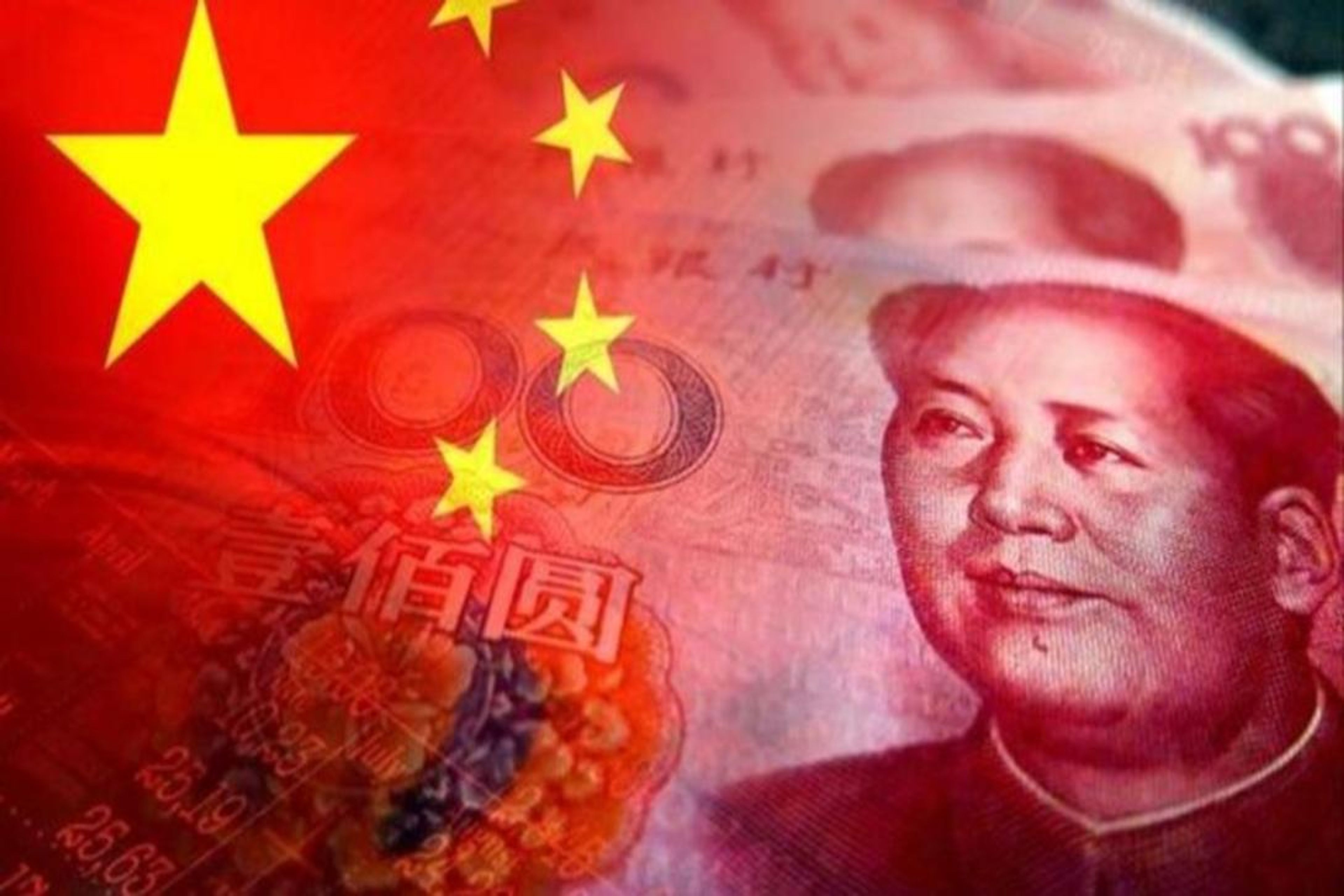 Chinese flag overlaid with Mao Zedong's portrait and Yuan banknotes.