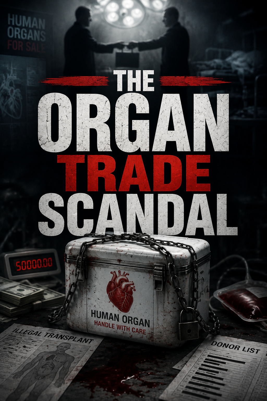Poster for 'The Organ Trade Scandal' depicting a locked human organ cooler, money, blood, and a handshake deal.