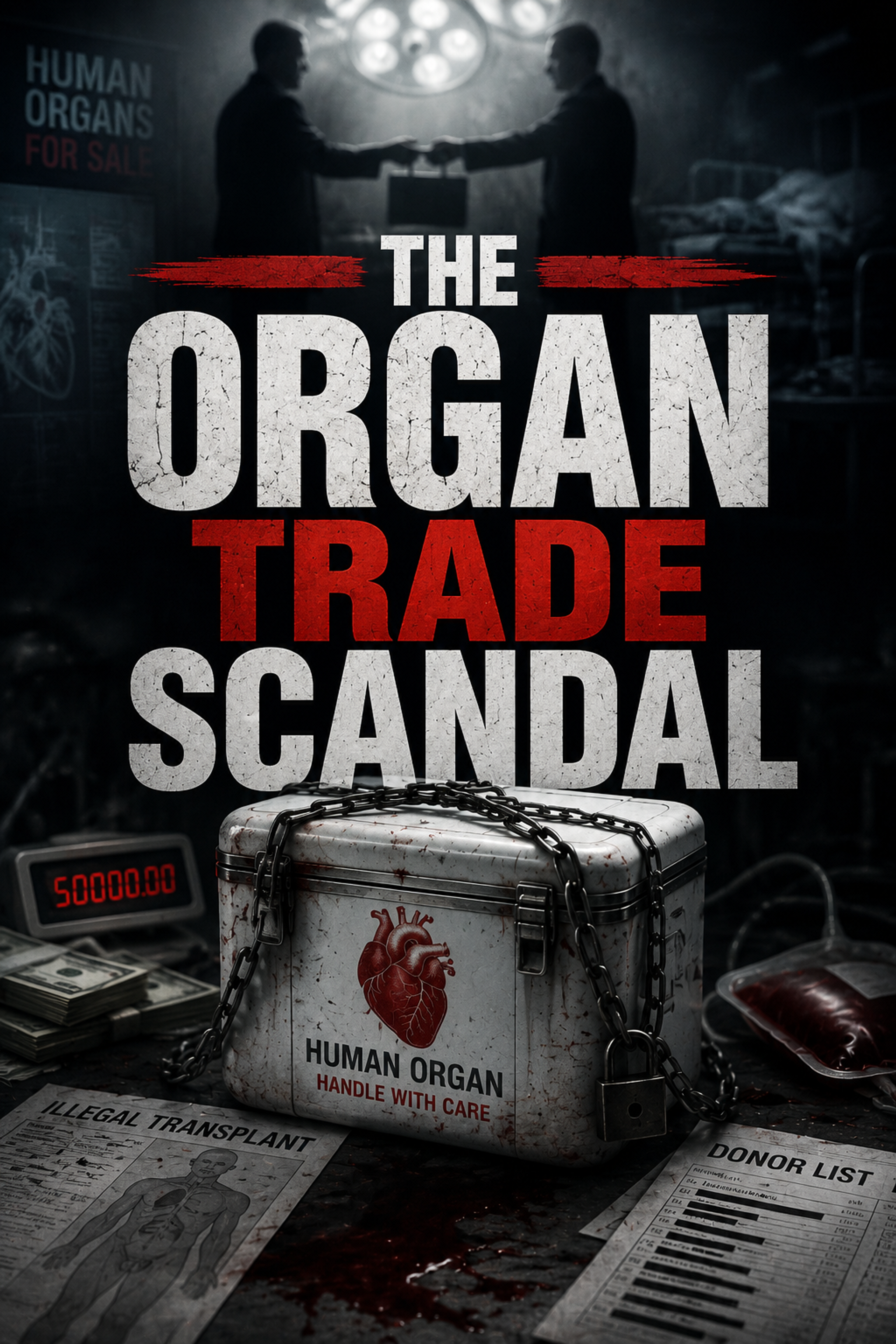 Poster for 'The Organ Trade Scandal' depicting a locked human organ cooler, money, blood, and a handshake deal.
