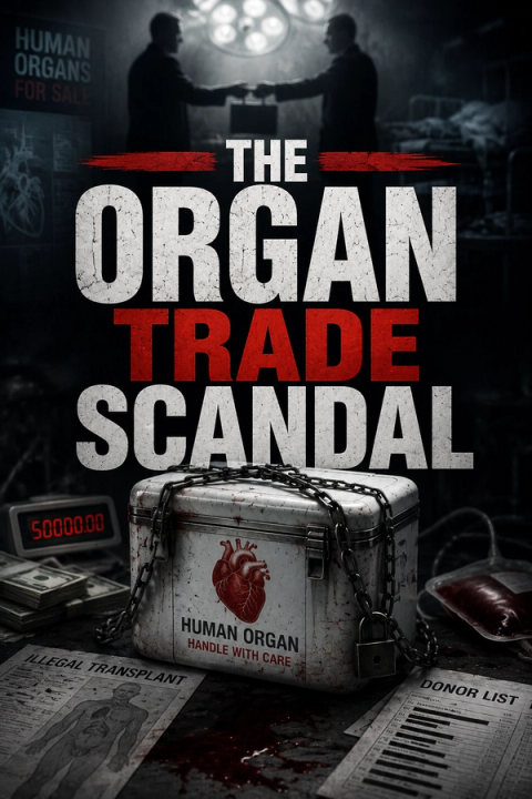 Poster for 'The Organ Trade Scandal' depicting a locked human organ cooler, money, blood, and a handshake deal.
