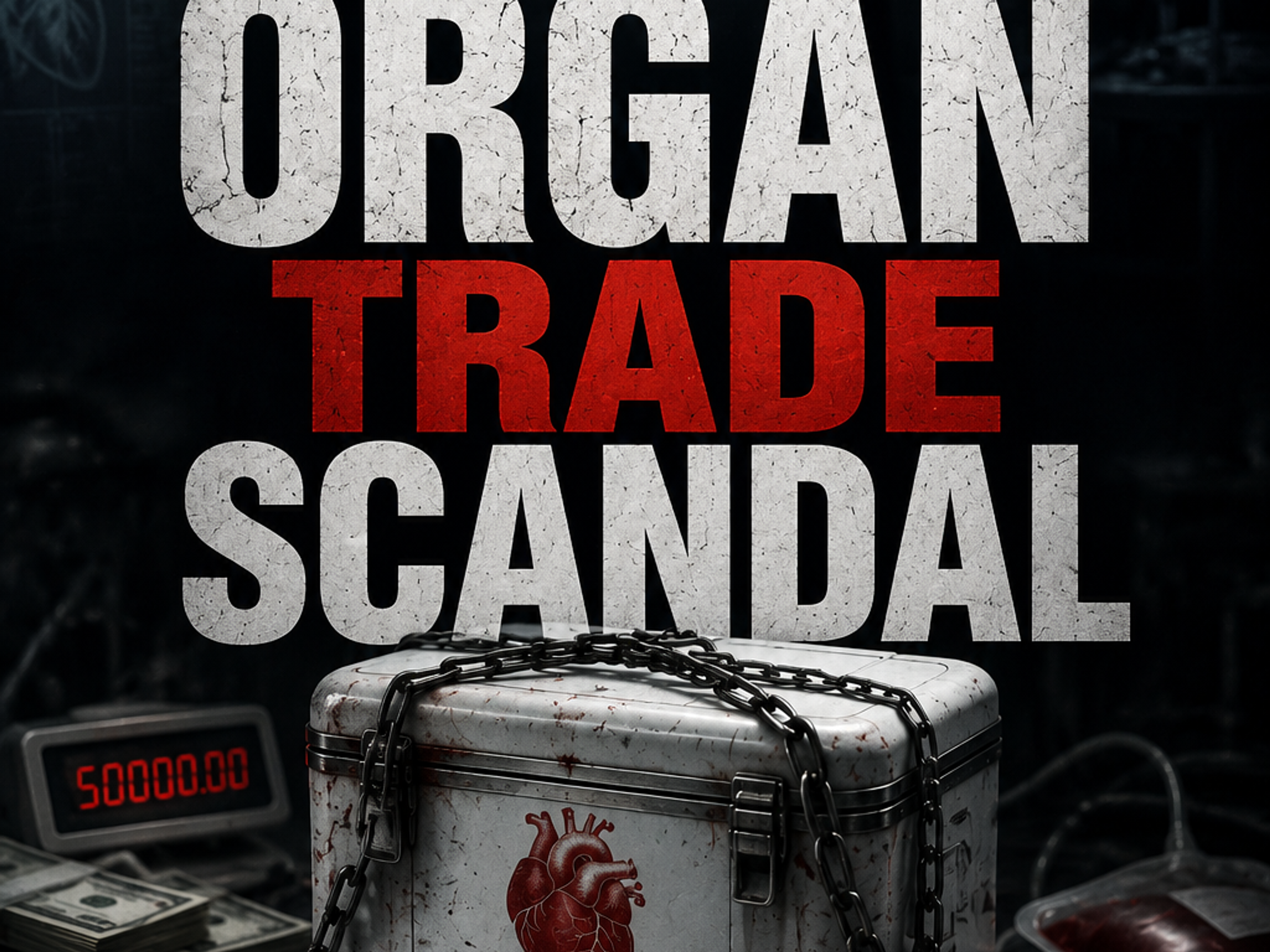 Poster for 'The Organ Trade Scandal' depicting a locked human organ cooler, money, blood, and a handshake deal.